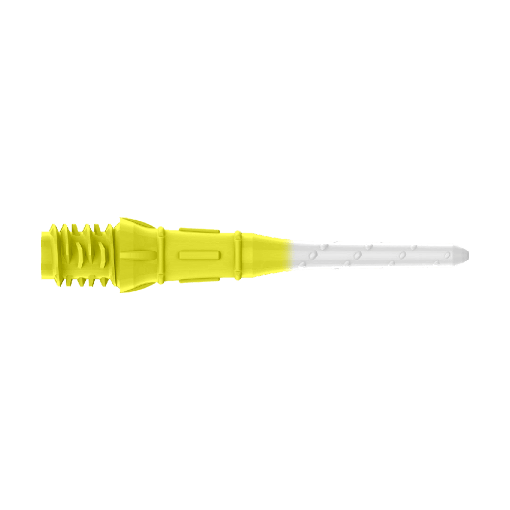 Das Bild zeigt eine zweifarbige Dartspitze mit gelbem und weißem Bereich. Der hintere Teil ist gelb, während die Spitze weiß ist.