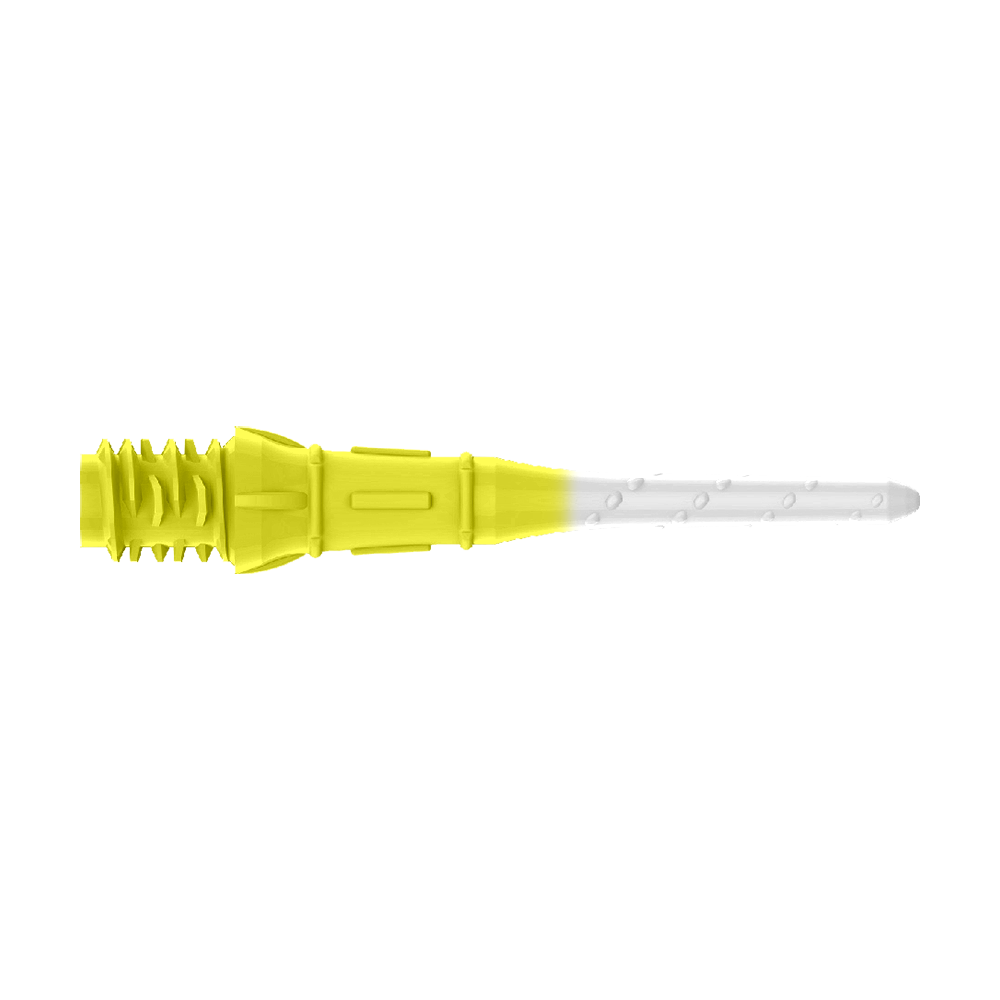 L-Style Premium Two Tone Lippoints (30er Pack)-Gelb/Weiß Das Bild zeigt eine zweifarbige Dartspitze mit gelbem und weißem Bereich. Der hintere Teil ist gelb, während die Spitze weiß ist.