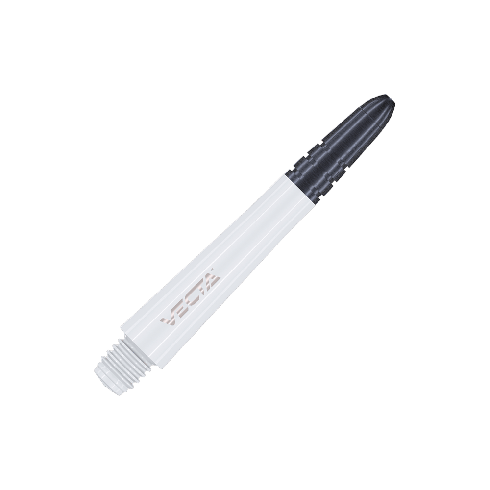 7025-402_Winmau_Vecta_Shafts_Weiss_37mm_2 Das Bild zeigt einen weißen Dart-Schaft mit schwarzer Spitze. Auf dem Schaft steht das Wort "Vecta".