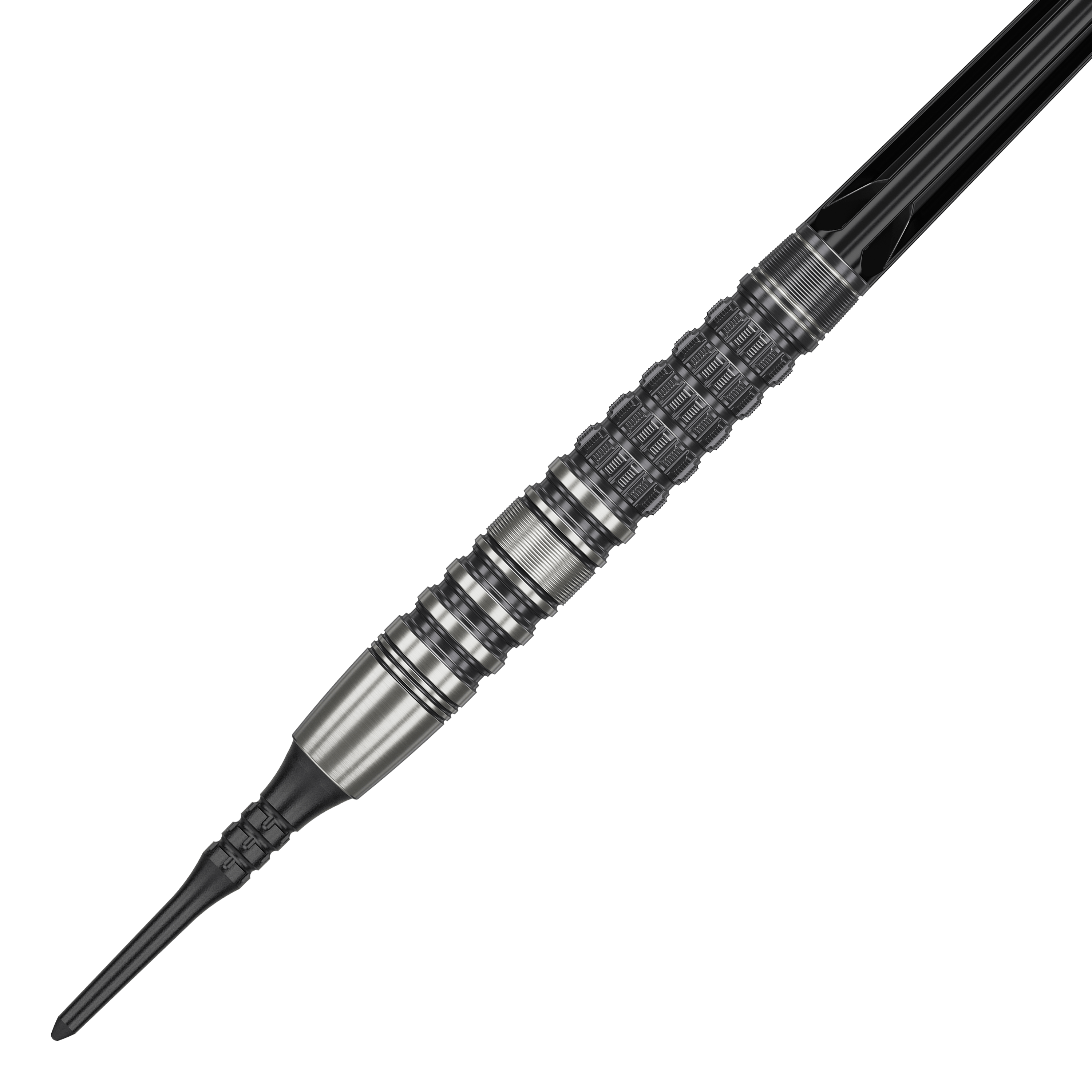 Das Bild zeigt einen Target Japan Black Marque Lumiere GEN3 Softdart mit einem Gewicht von 18,5g. Der Dart ist aus Metall gefertigt und besitzt ein detailliertes, strukturiertes Griffdesign.