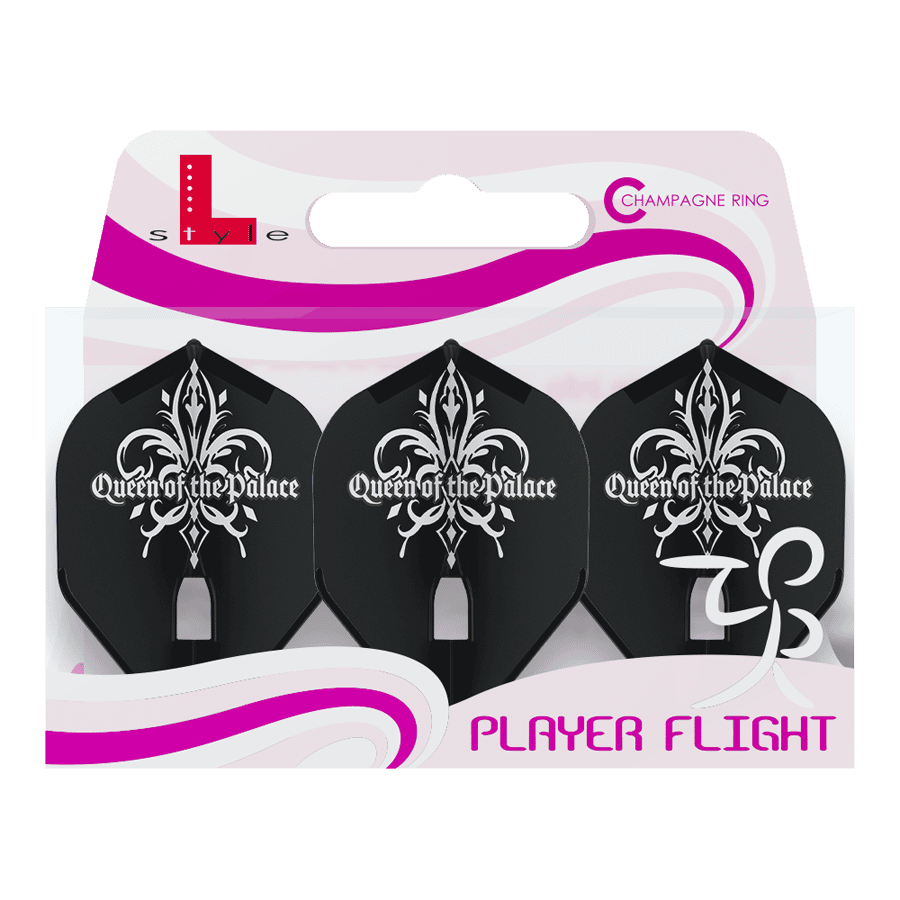 Das Bild zeigt drei schwarze Dart-Flights mit der Aufschrift "Queen of the Palace" und einem weißen Muster. Die Verpackung ist mit lila und rosa Akzenten gestaltet und trägt den Titel "PLAYER FLIGHT".