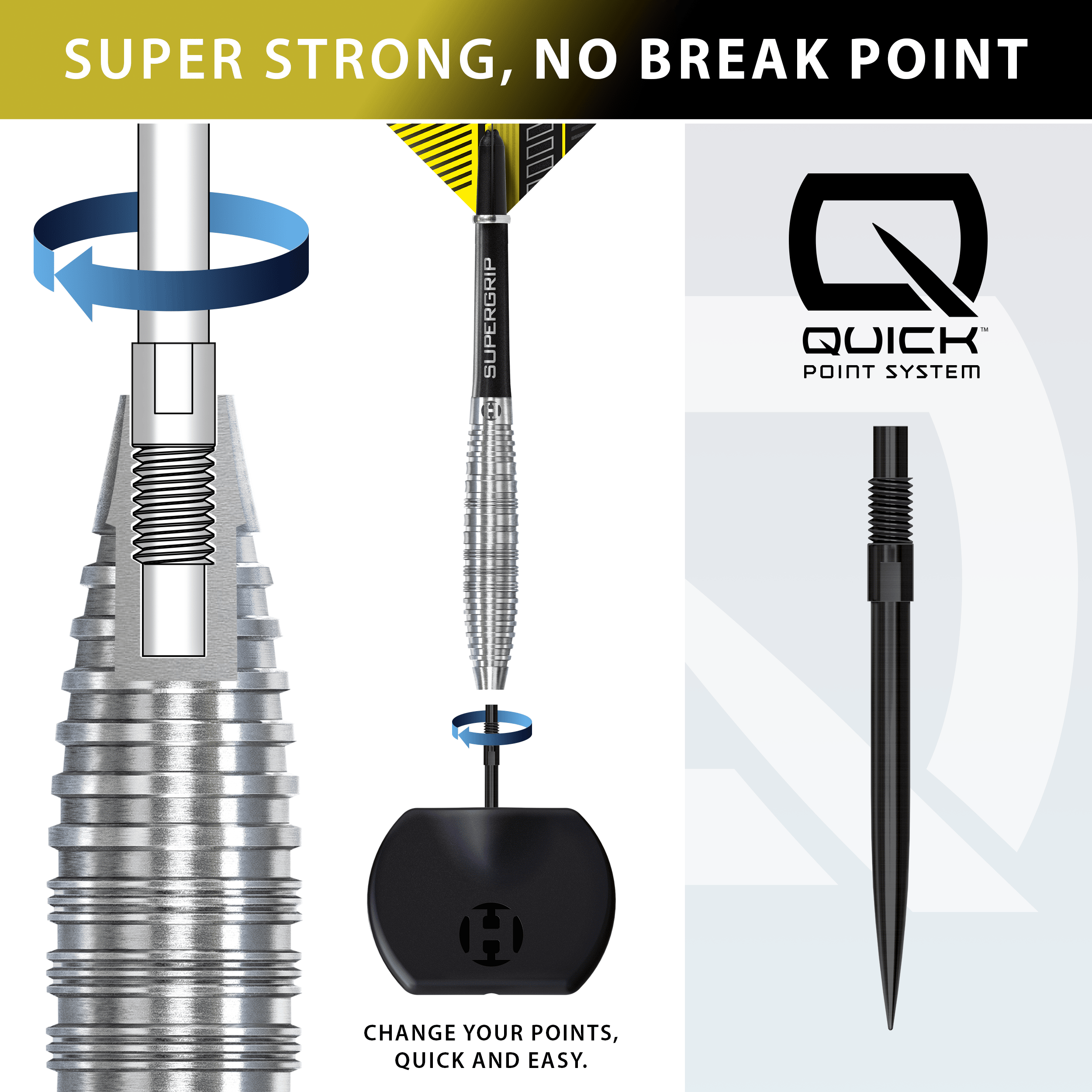 Das Bild stellt die Harrows NX90 Bomb Quick Point Steeldarts dar. Sie sind für Dartspieler und Sammler interessant.