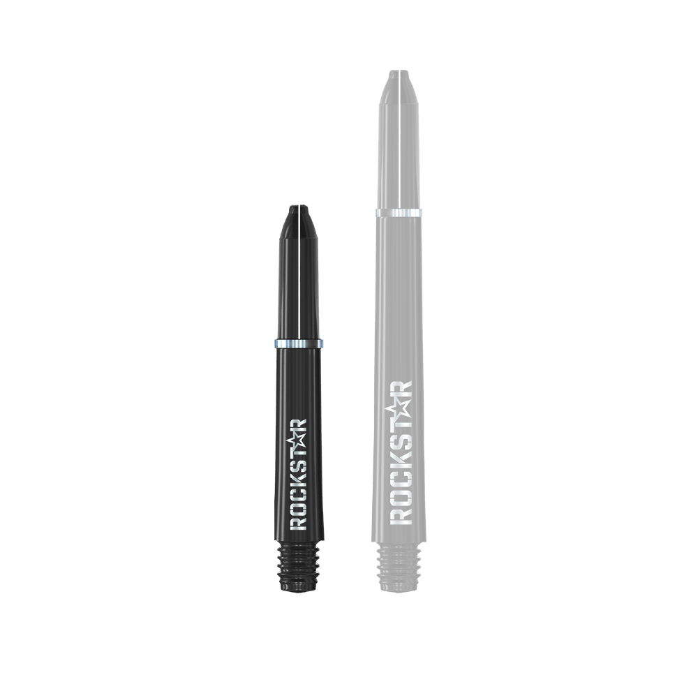 Winmau Joe Cullen Rockstar Nylon Shafts Schwarz Das Bild zeigt zwei schwarze Dartschäfte mit der Aufschrift "ROCKSTAR". Die Schäfte sind unterschiedlich lang und haben silberne Ringe.