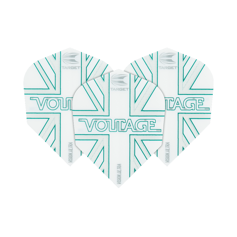 Das Bild zeigt drei weiße Dart-Flights mit türkisfarbenen Linien und dem Schriftzug "VOLTAGE" in der Mitte. Oben steht das Logo von "Target" und an der Seite ist "Vision Ultra" zu lesen.