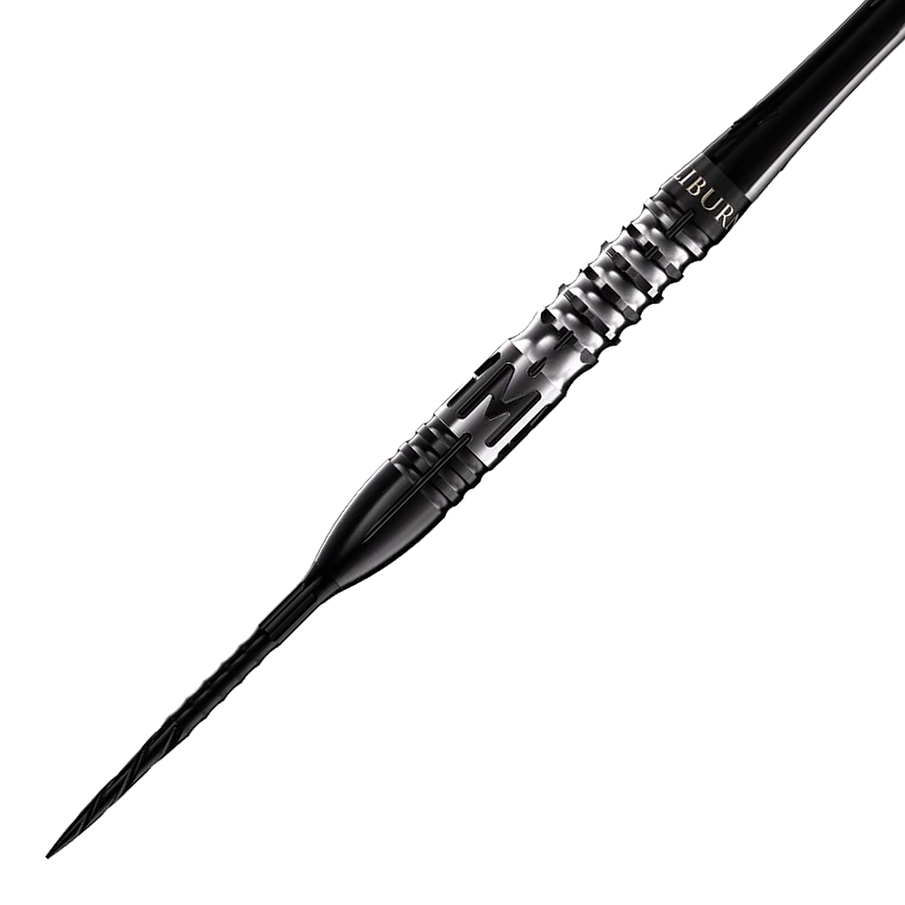 Caliburn Player MAK Steeldarts Das Bild zeigt einen Caliburn Player MAK Steeldart mit einem Gewicht von 23,5g. Der Dart ist schwarz-silber und hat ein modernes, geriffeltes Griffdesign.