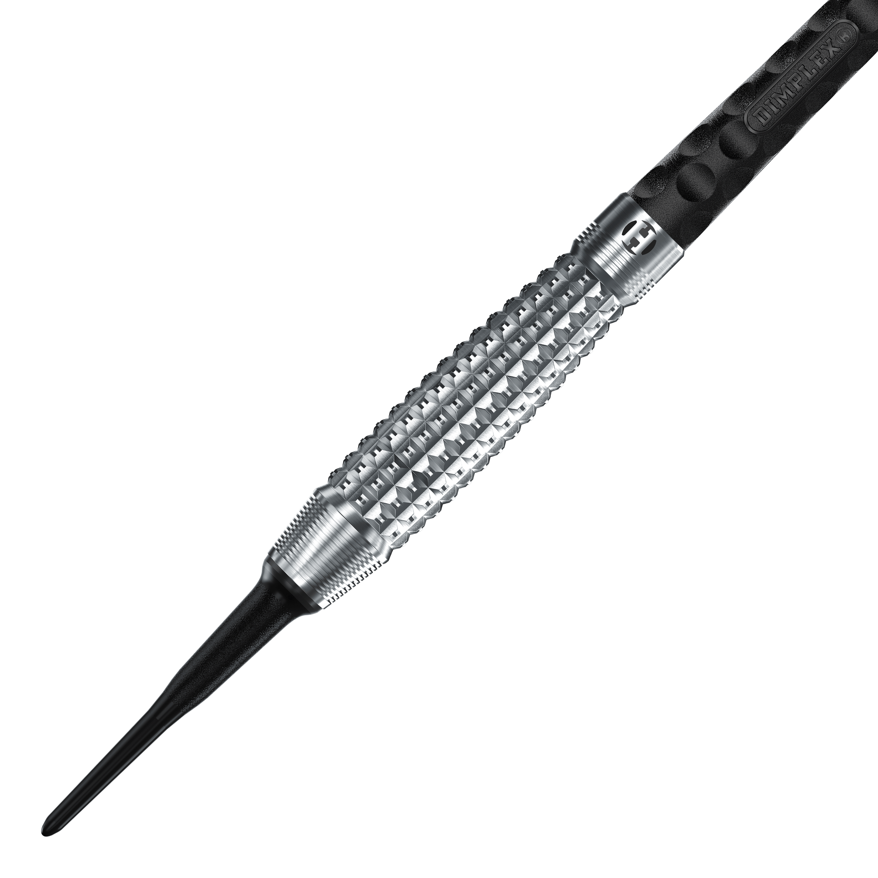 Harrows Dimplex S3 Bomb Softdarts Das Bild zeigt einen Harrows Dimplex S3 Bomb Softdart. Der Dartpfeil hat eine silberne, strukturierte Griffzone und eine schwarze Kunststoffspitze.
