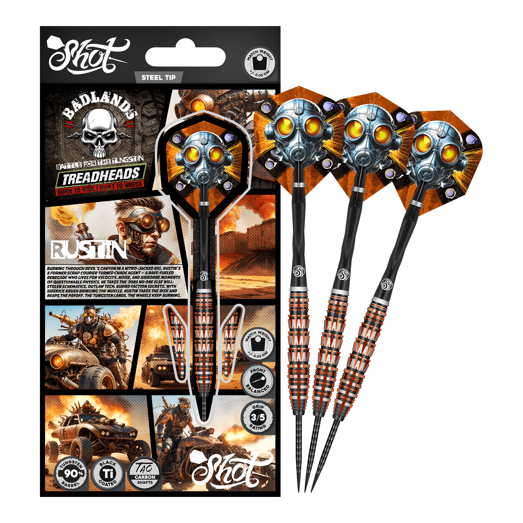 Shot Badlands Rustin Steeldarts - 23g Das Bild präsentiert den Shot Badlands Rustin Steeldarts - 23g. Der komplette Dartpfeil ist abgebildet.
