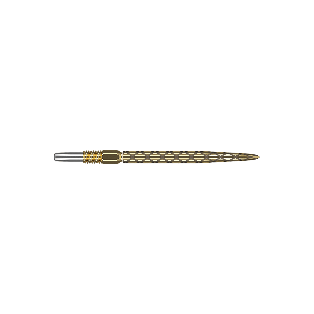 Target Swiss Diamond Pro Gold Dartspitzen Das Bild zeigt eine goldene Dartspitze mit einem filigranen, rautenförmigen Muster. Die Spitze hat einen silbernen Ansatz und ist insgesamt schlank und länglich geformt.