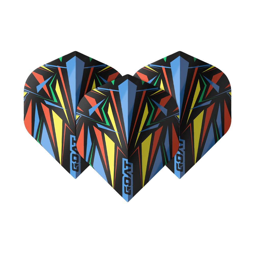 Das Bild zeigt drei bunte Dart-Flights mit geometrischem Muster in Blau, Gelb, Rot und Grün. Auf jedem Flight steht das Wort „GOAT“ am unteren Rand.