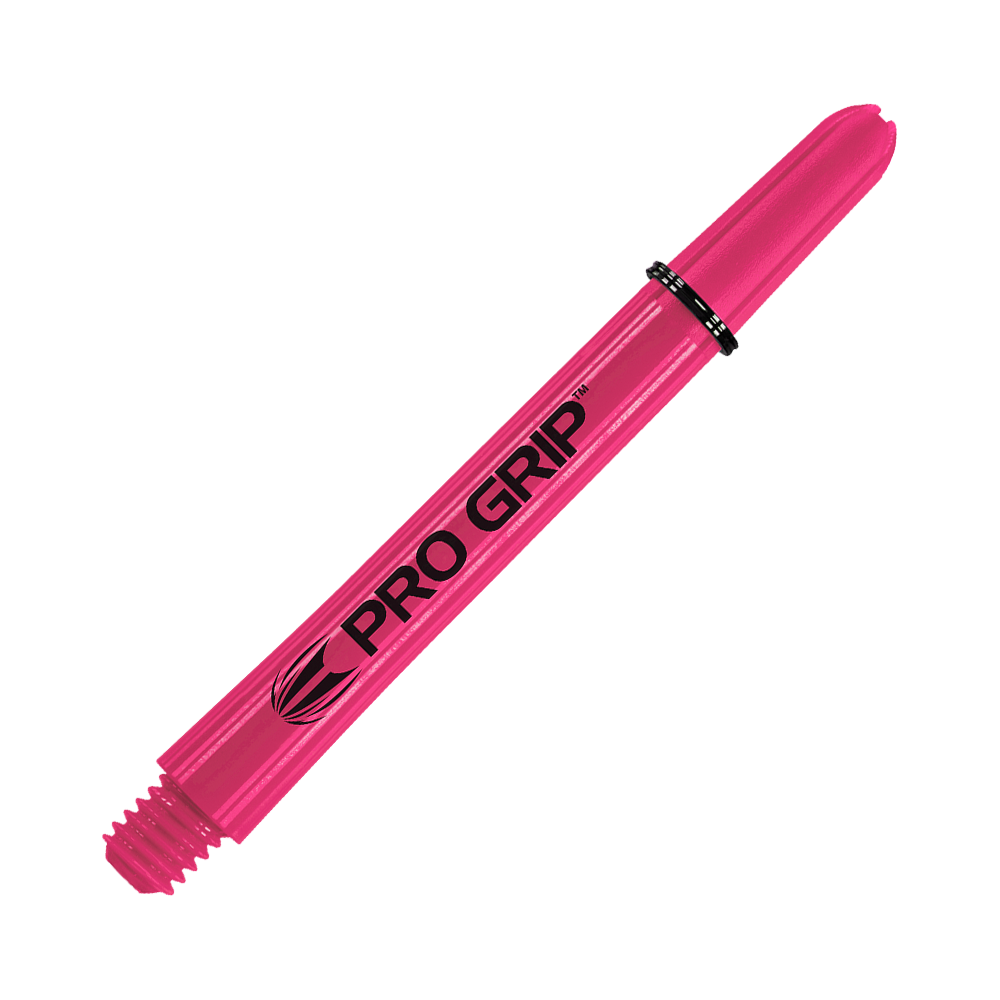 Das Bild zeigt einen pinken Pro Grip Dartshaft. Auf dem Schaft steht in schwarzer Schrift „PRO GRIP“.
