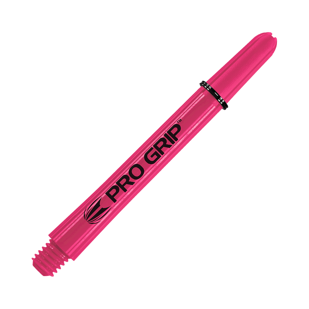 Target Pro Grip Shafts - 3 Sets - Pink Das Bild zeigt einen pinken Pro Grip Dartshaft. Auf dem Schaft steht in schwarzer Schrift „PRO GRIP“.