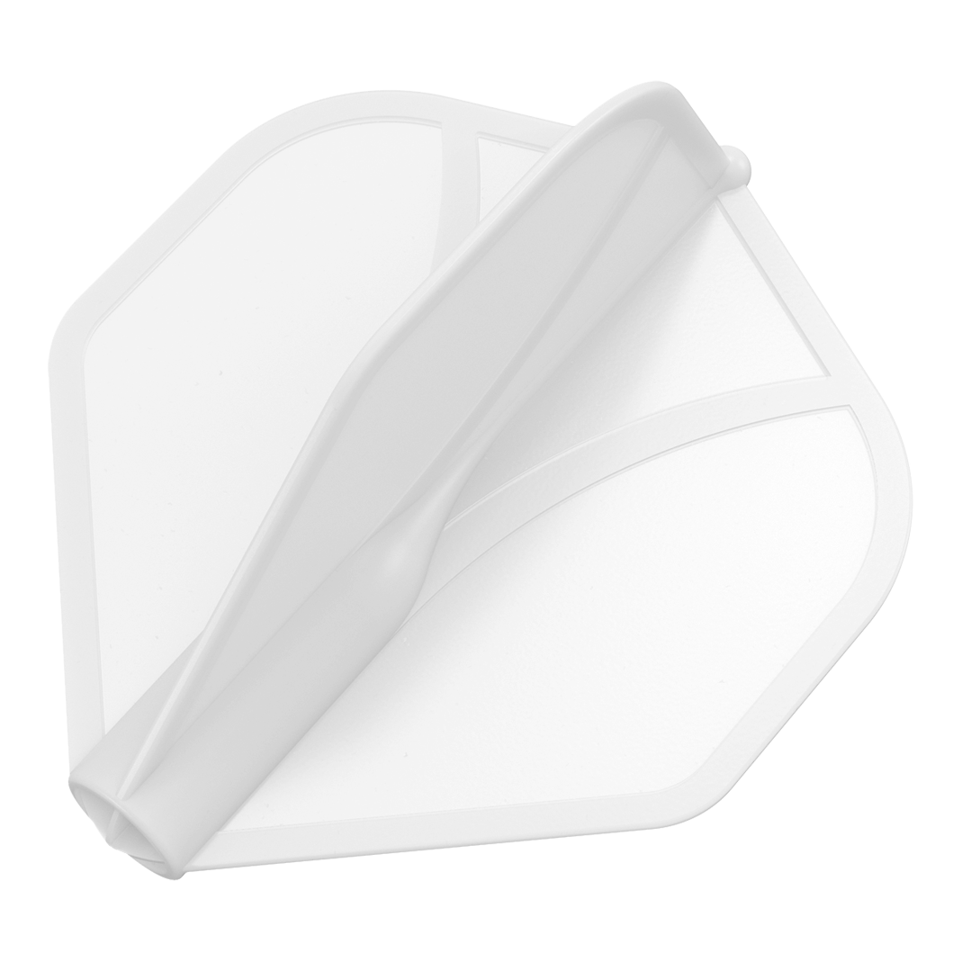 Shot Airfoil Moulded No2 Standard Flights Das Bild zeigt eine transparente Dart-Flügel. Er hat eine aerodynamische Form und ist hauptsächlich weiß.
