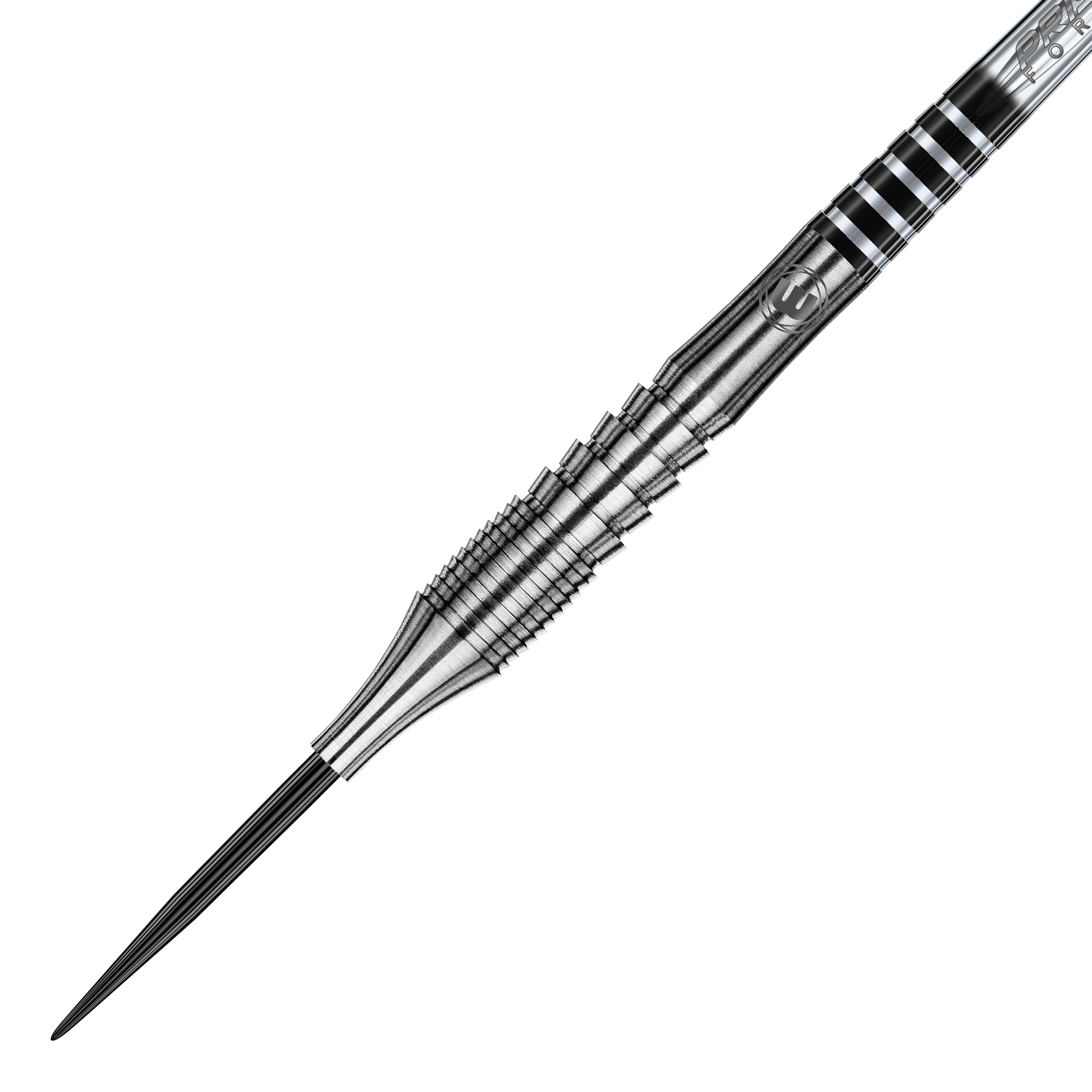 Das Bild zeigt einen Winmau Sniper V1 Steeldart mit einem silbernen, geriffelten Griff. Die Oberfläche des Darts ist aus Metall und hat feine Rillen für besseren Halt.