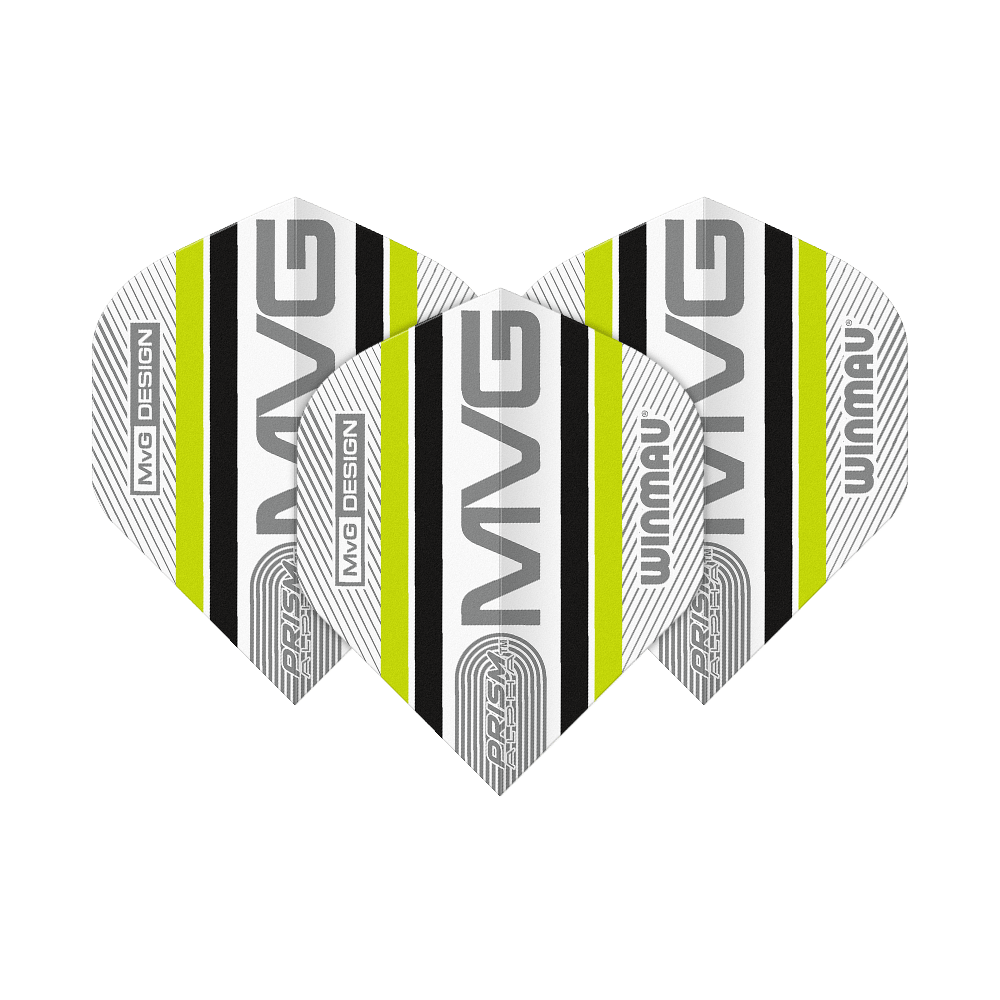 Das Bild zeigt drei Dart-Flights des Modells "Winmau Alpha Michael Van Gerwen MvG 85 Standard Flights". Die Flights sind weiß mit schwarzen und gelben Streifen sowie der Aufschrift "MVG" und "Winmau".