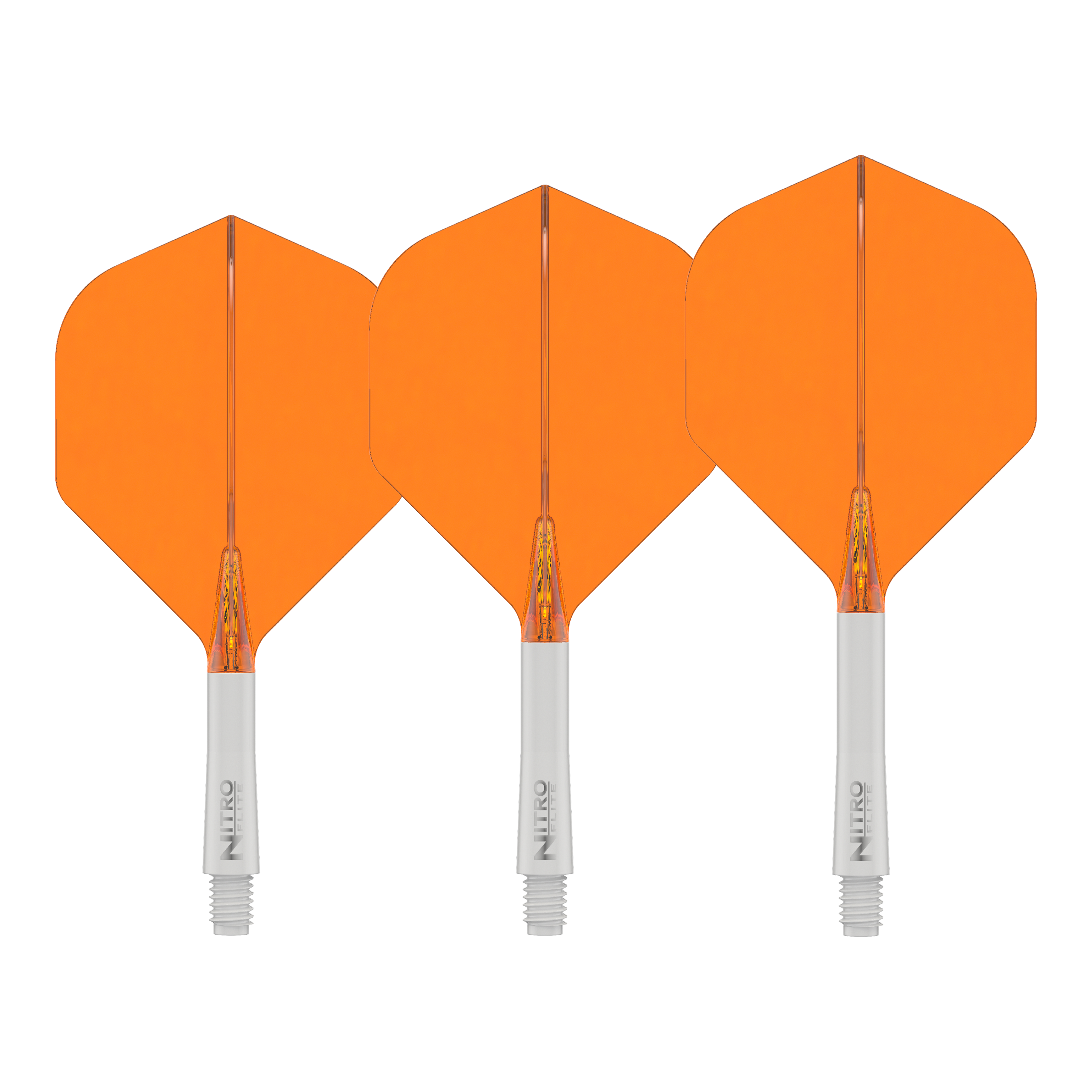 Das Bild zeigt das Produkt Red Dragon Nitroflite White Shaft Orange Flights No2. Es handelt sich um einen weißen Dart-Schaft mit orangefarbenen Flights.