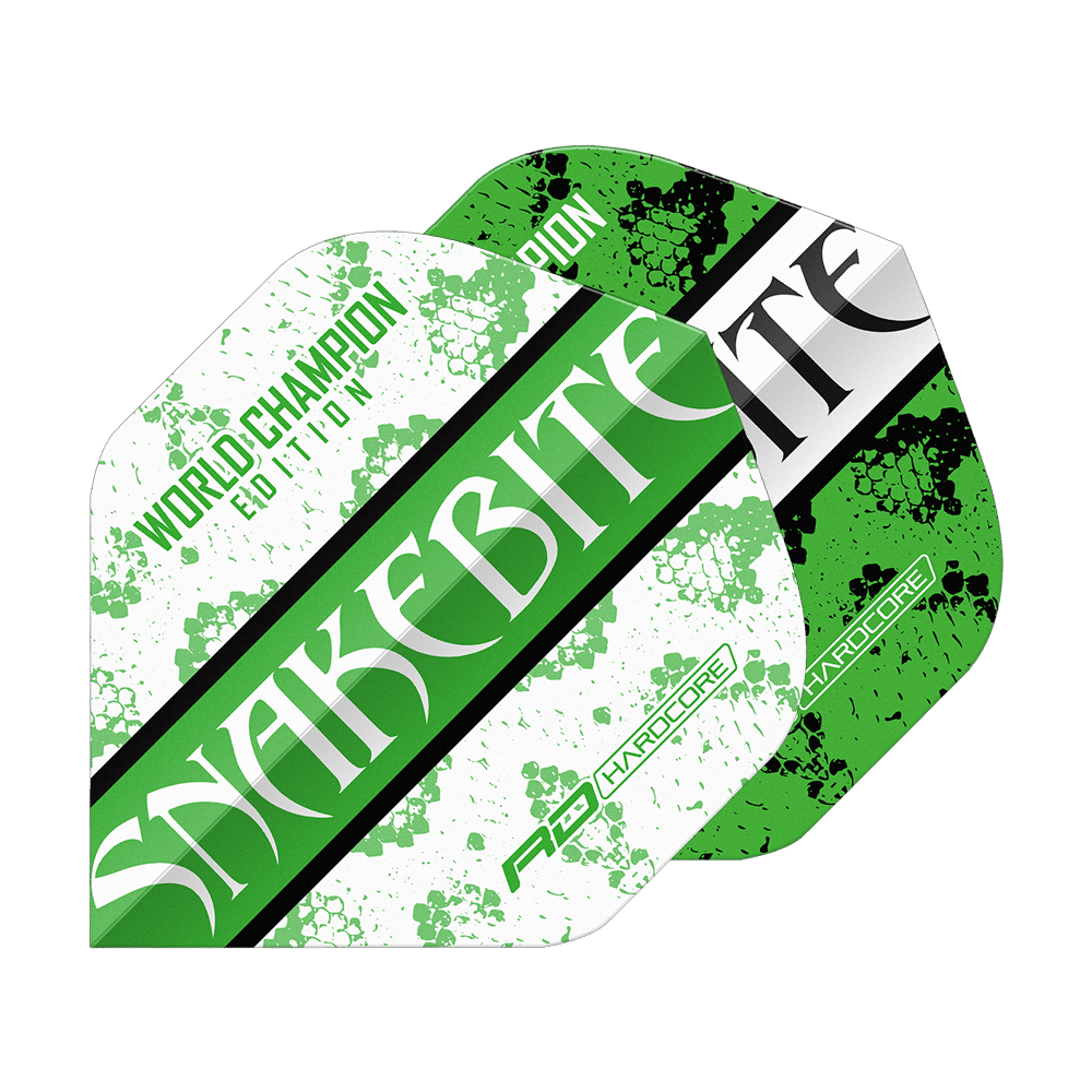 Das Bild zeigt zwei Dart-Flights in grün-weißem Design mit der Aufschrift "SNAKEBITE". Auf einem Flight steht zusätzlich "WORLD CHAMPION EDITION" und beide haben ein Schlangenhaut-Muster.
