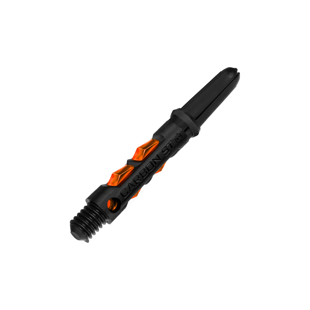 Das Bild zeigt den Harrows Carbon ST Shafts in Orange. Der Schaft ist überwiegend schwarz mit orangefarbenen Akzenten und Schriftzug.