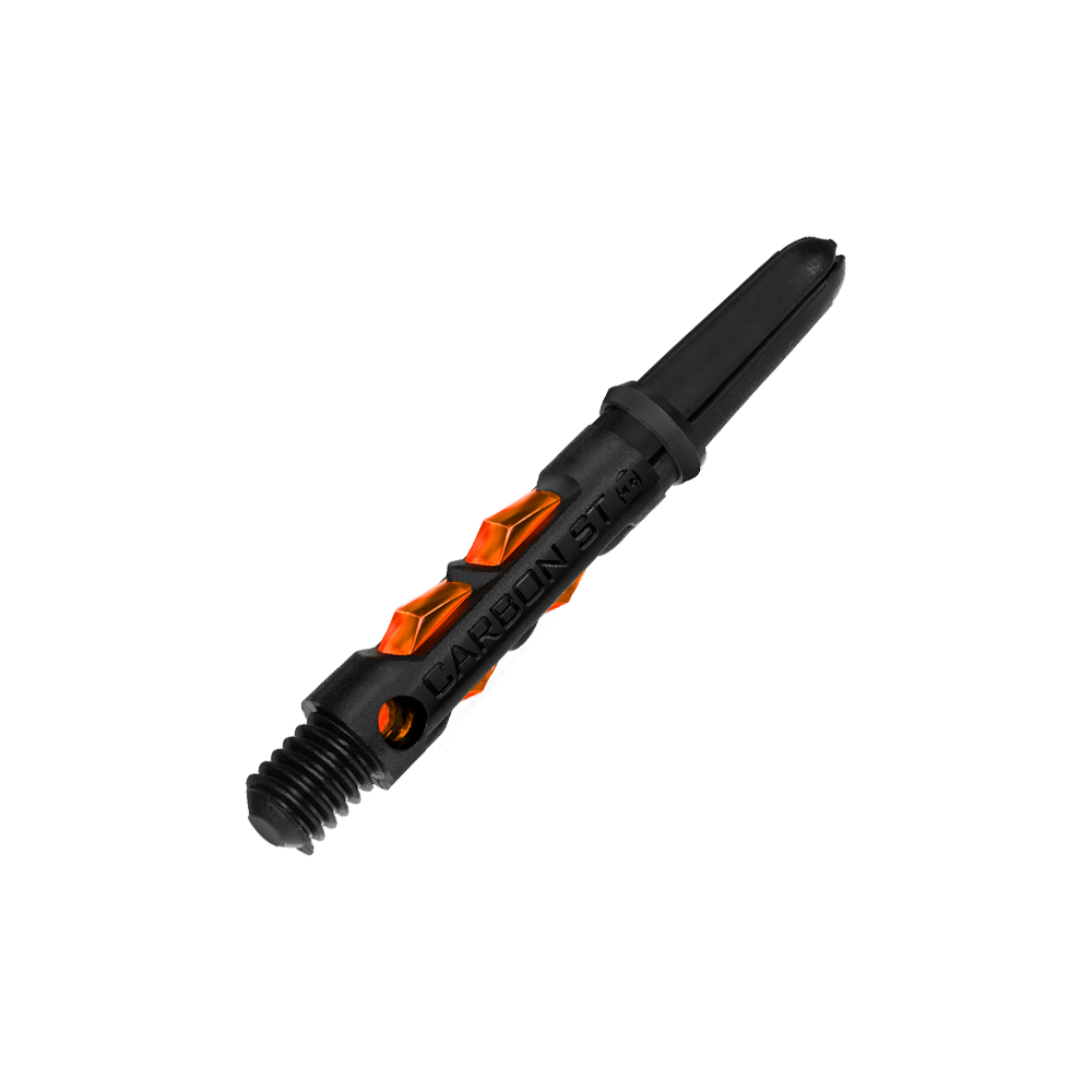 HR428_Harrows_Carbon_ST_Shafts_Orange_33mm_2 Das Bild zeigt den Harrows Carbon ST Shafts in Orange. Der Schaft ist überwiegend schwarz mit orangefarbenen Akzenten und Schriftzug.