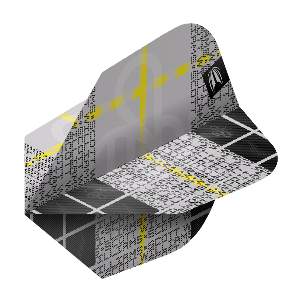 Target Pro Ultra Scott Williams GEN2 No6 Flights - 3 Sets Das Bild zeigt ein Dartflight-Design der Marke Target Pro Ultra Scott Williams GEN2 No6. Die Flight ist überwiegend grau mit schwarzen und weißen Mustern sowie gelben Linien.