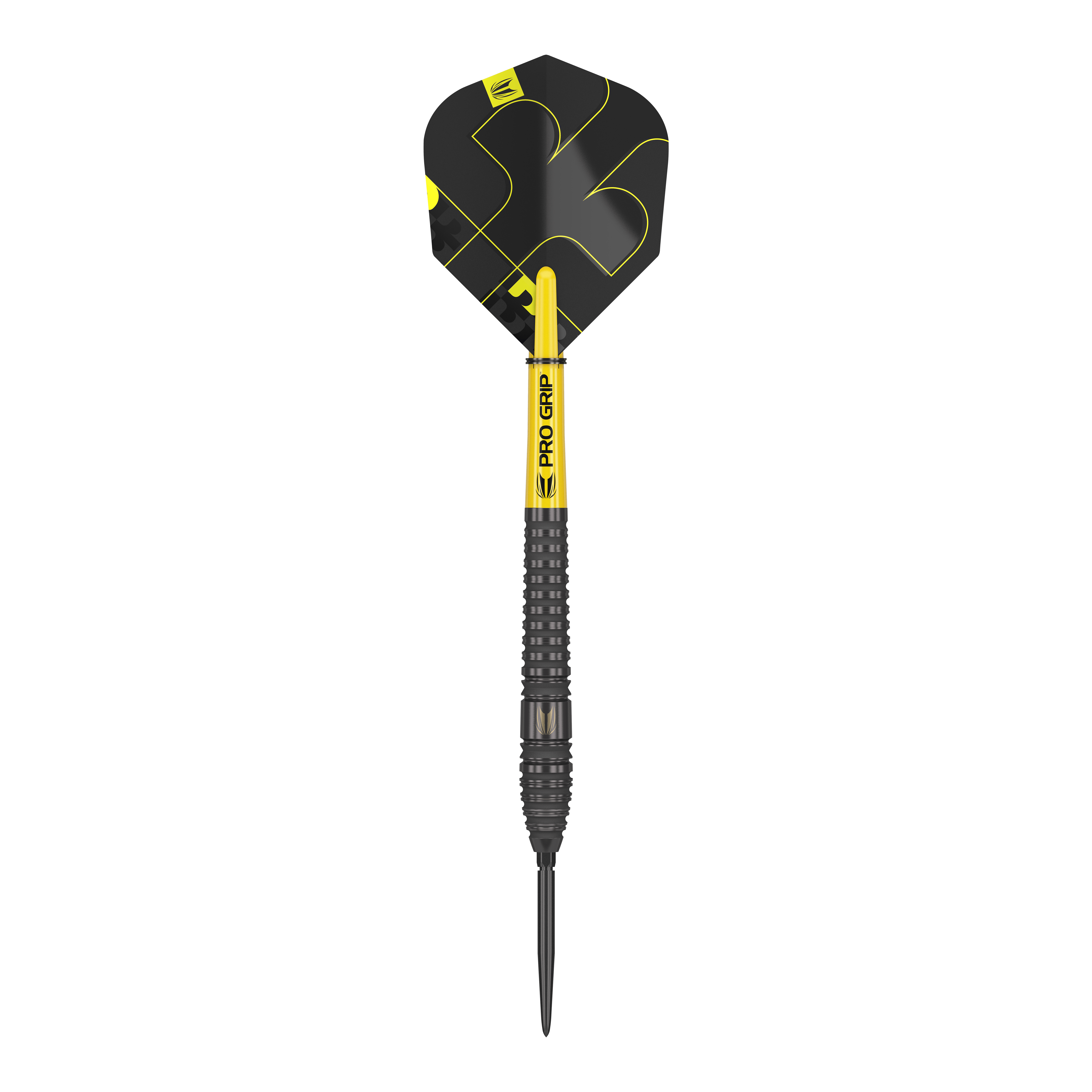 Auf dem Bild ist ein Target Bolide Void 03 Swiss Point Steeldart zu sehen. Der Dart ist schwarz mit gelben Akzenten und hat eine strukturierte Griffzone.
