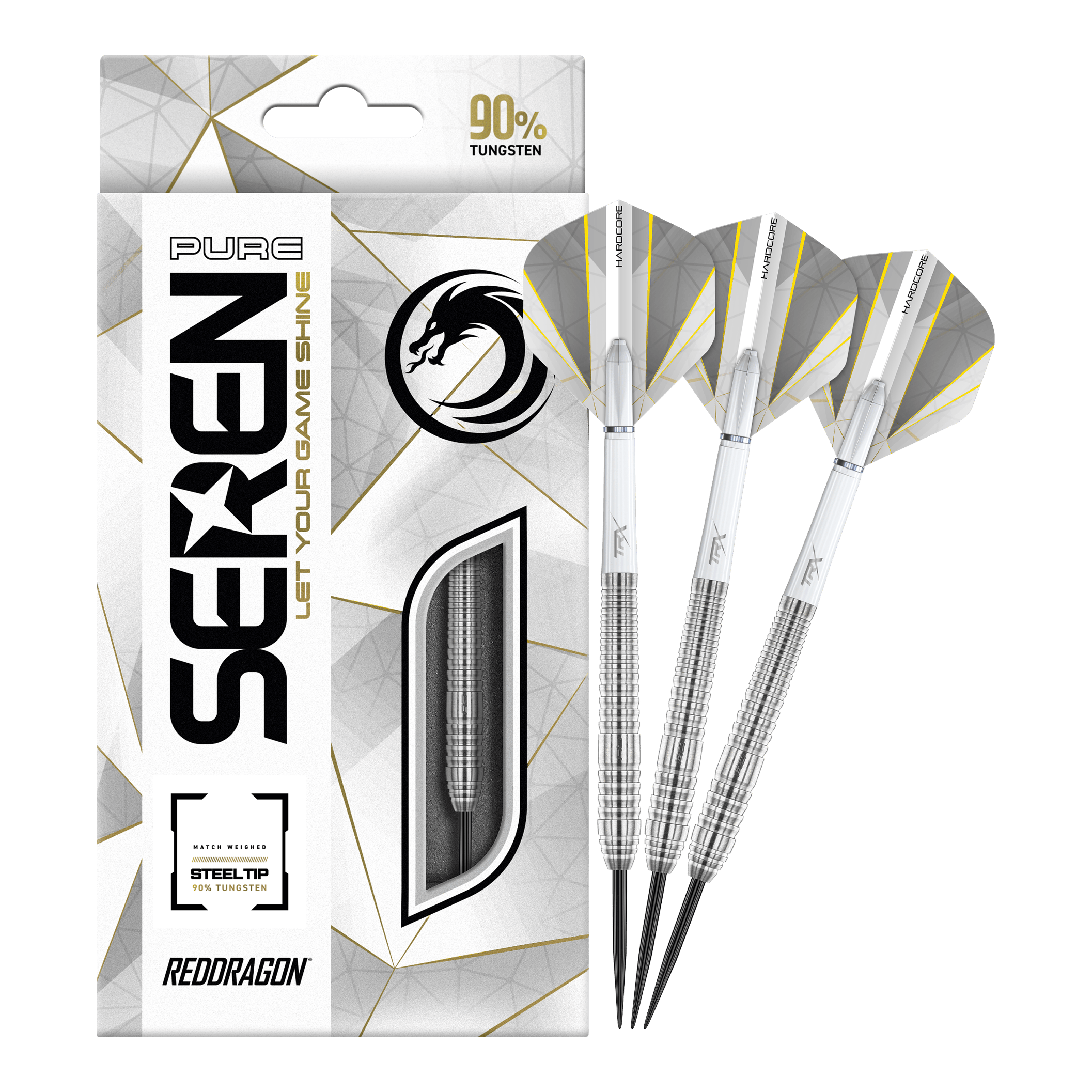 Red Dragon Seren 2 Pure Steeldarts Das Bild zeigt das Produkt "Red Dragon Seren 2 Pure Steeldarts" mit einer eleganten Verpackung. Neben der Packung sind drei silberne Steeldarts abgebildet.
