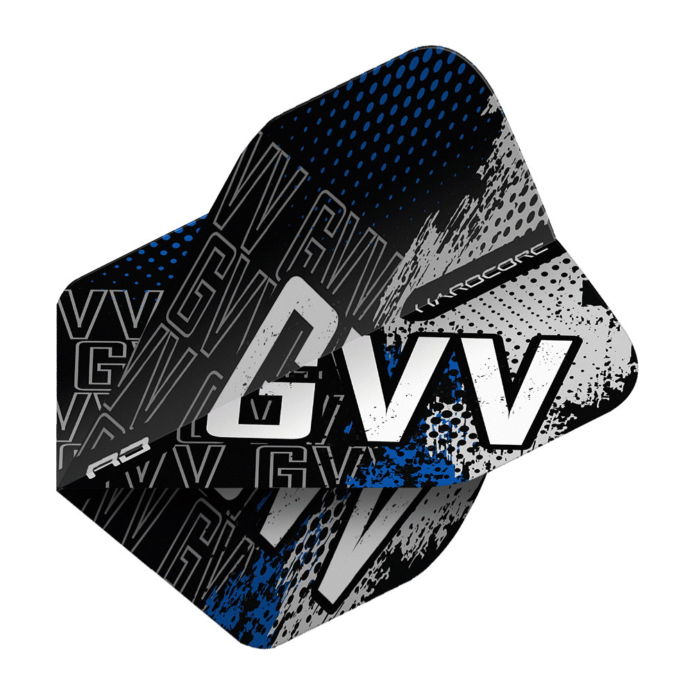 Das Bild zeigt ein Dart-Flight mit dem Aufdruck "GVV" in einem modernen, blauen und schwarzen Design. Es handelt sich um das Produkt "Red Dragon Hardcore Gian Van Veen Blue Premium No2 Standard Flights".