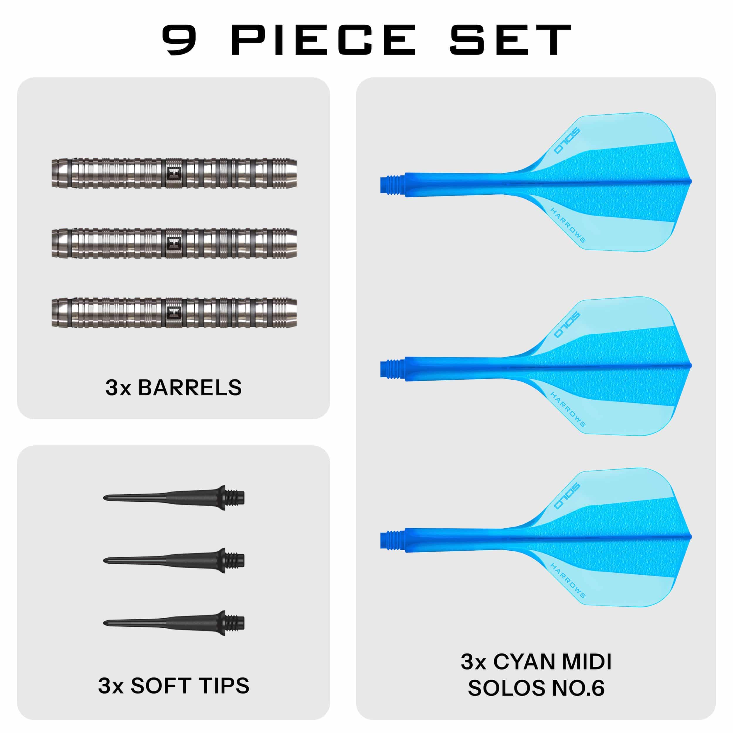Harrows Flux Softdarts - 20g Harrows Flux Softdarts mit 20g sind abgebildet. Die Darts sind hell und haben präzise Gravuren.