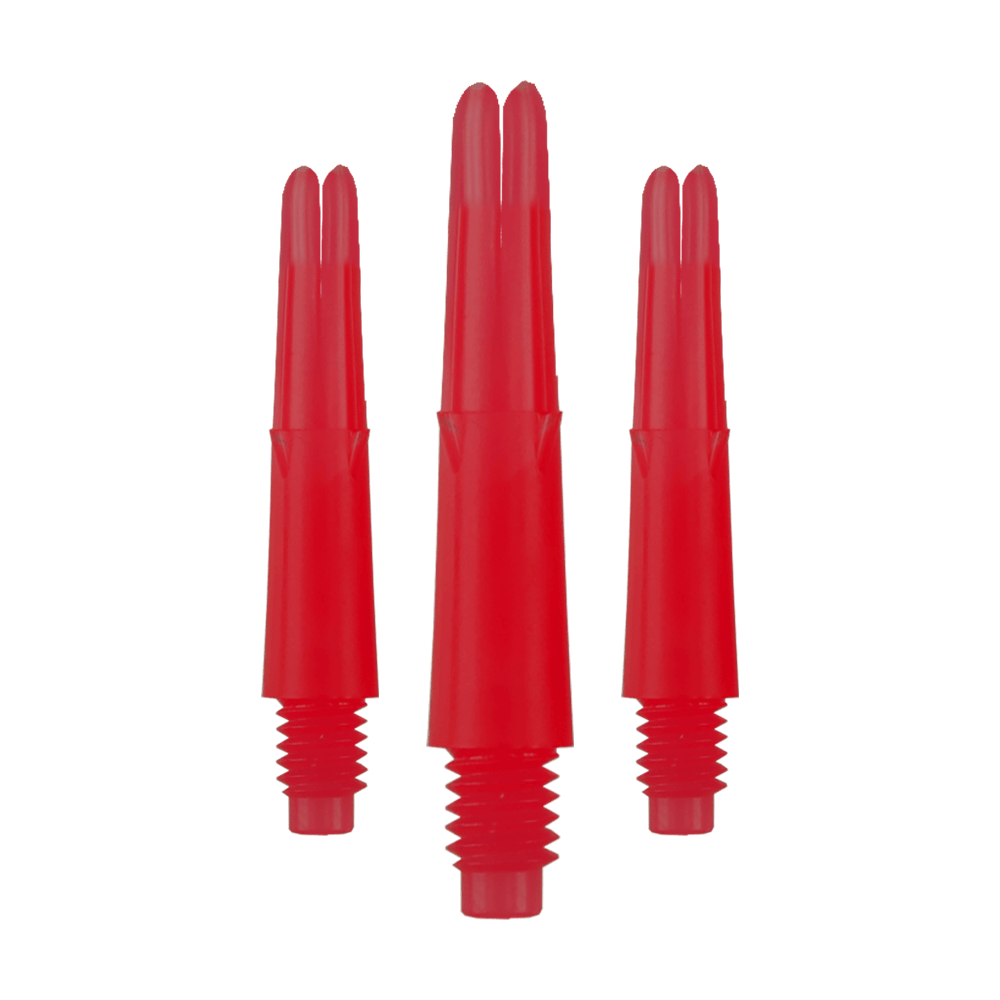 L-Style L-Shafts Locked Straight - Red 130 Das Bild zeigt drei rote, gerade Dartschäfte mit Gewinde unten. Sie sind ohne Kappen und haben eine Länge von 26 mm.