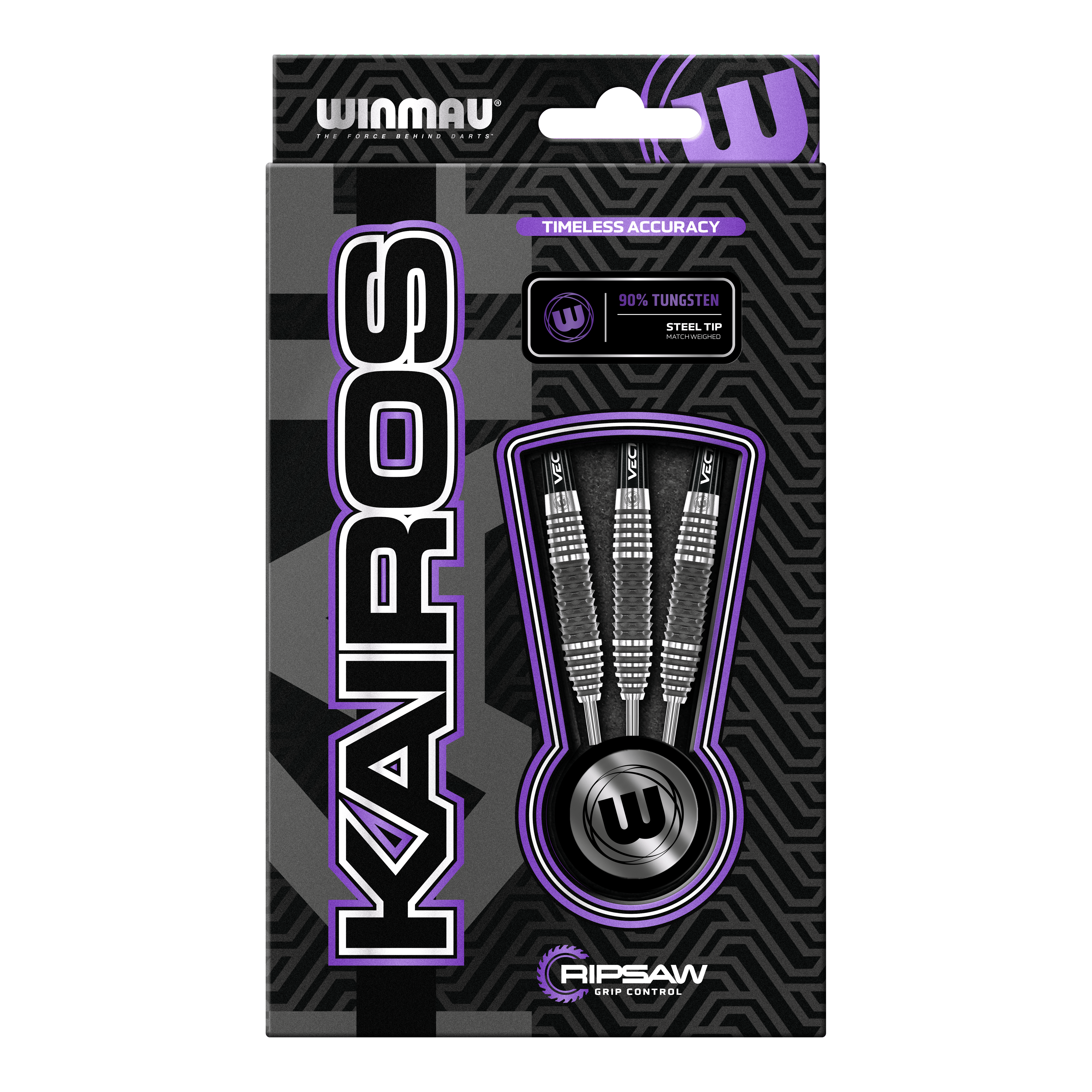 Winmau Kairos 01 Steeldarts Die Abbildung zeigt die Verpackung der "Winmau Kairos 01 Steeldarts". In der Verpackung sind drei hochwertige Steeldarts mit 90% Tungsten-Anteil zu sehen.