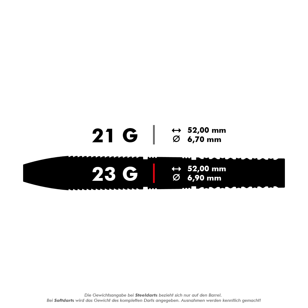 Target Gabriel Clemens GEN2 Swiss Point Steeldarts Das Bild zeigt die Spezifikationen von zwei Steeldarts mit 21 Gramm und 23 Gramm Gewicht. Beide Darts sind 52,00 mm lang, aber der Durchmesser beträgt 6,70 mm bzw. 6,90 mm.
