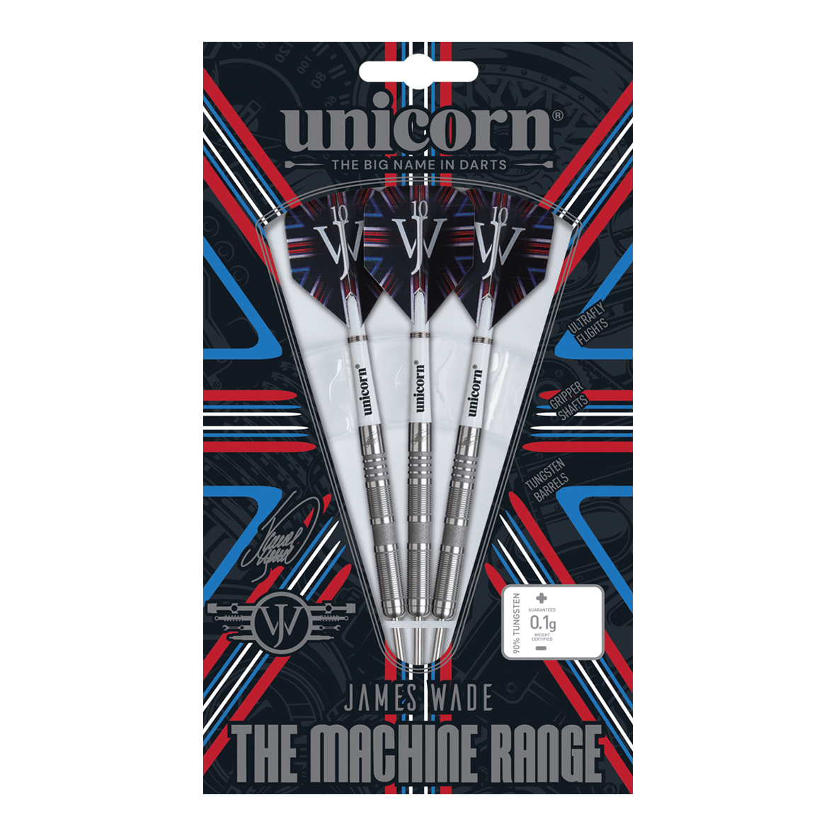 Das Bild zeigt eine Packung Steeldarts der Marke "Unicorn" aus der James Wade The Machine Range Phase 4. Die drei silbernen Darts sind in einer auffällig gestalteten Verpackung mit roten, blauen und weißen Akzenten präsentiert.