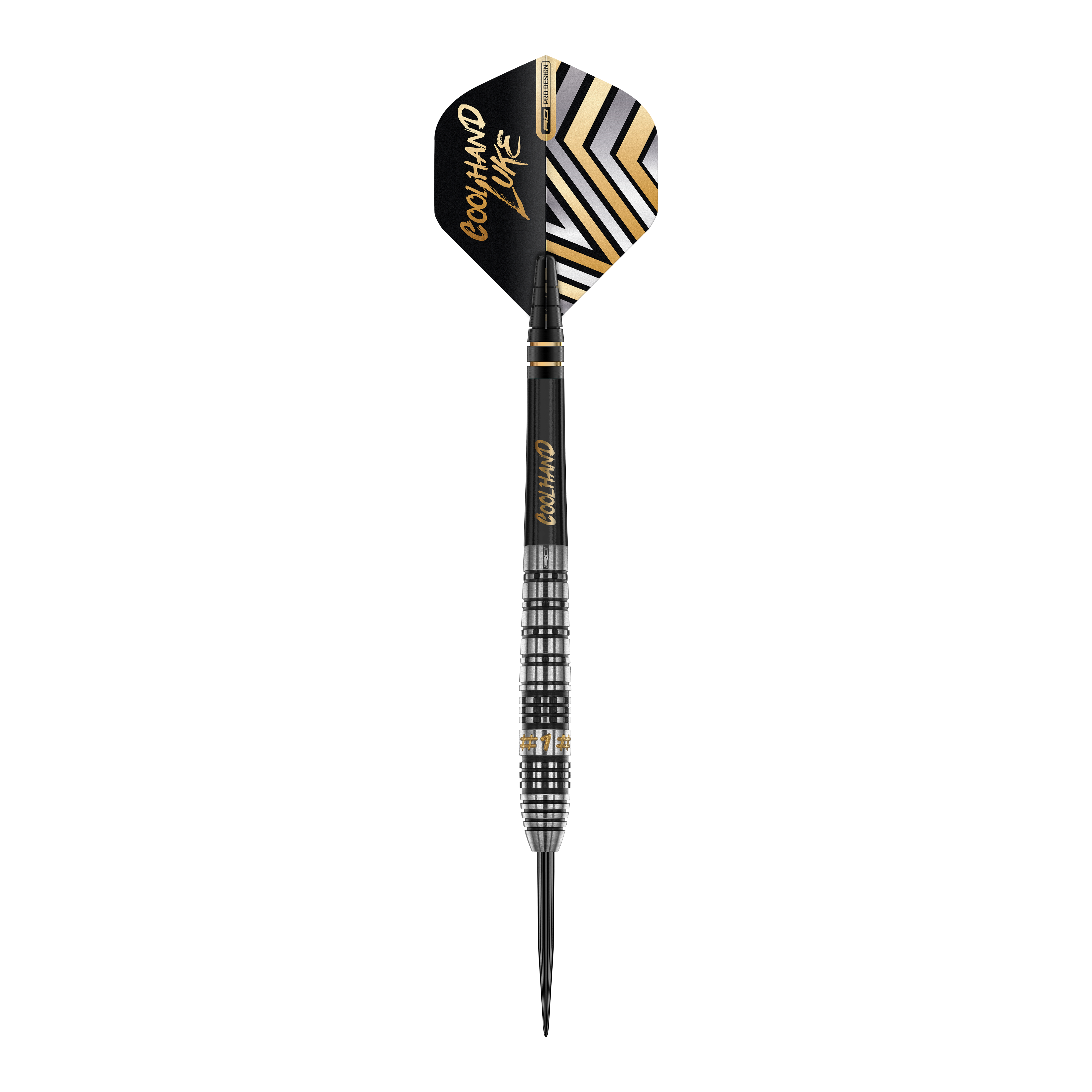 Red Dragon Luke Humphries Prestige Steeldarts Dies ist ein 'Red Dragon Luke Humphries Prestige Steeldart'. Der Dart hat ein schwarz-silbernes Design mit goldenen Akzenten und auffälligen Mustern auf dem Flight.