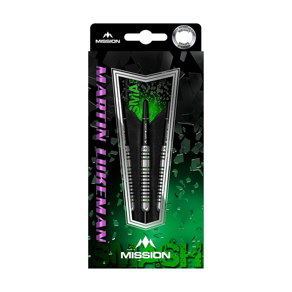 Auf dem Bild ist die Verpackung der "Mission Martin Lukeman Smash Steeldarts - 23g" zu sehen. Die Darts sind in einer auffälligen, grün-schwarzen Verpackung mit dem Namen des Produkts und des Spielers abgebildet.