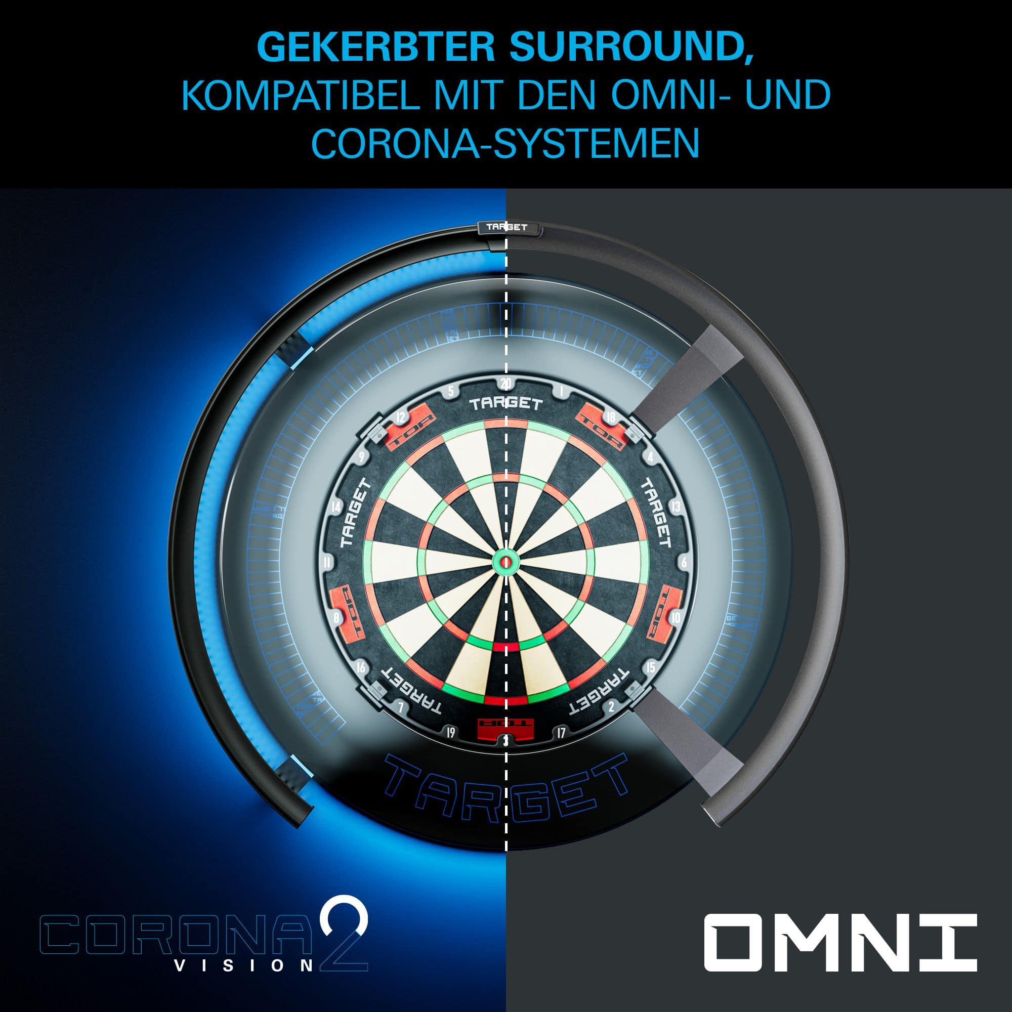 Target Corona Vision Notched Dartboard Surround mit Beleuchtung Abgebildet ist das Target Corona Vision Notched Dartboard Surround mit Beleuchtung. Das Surround ist komplett zu sehen.