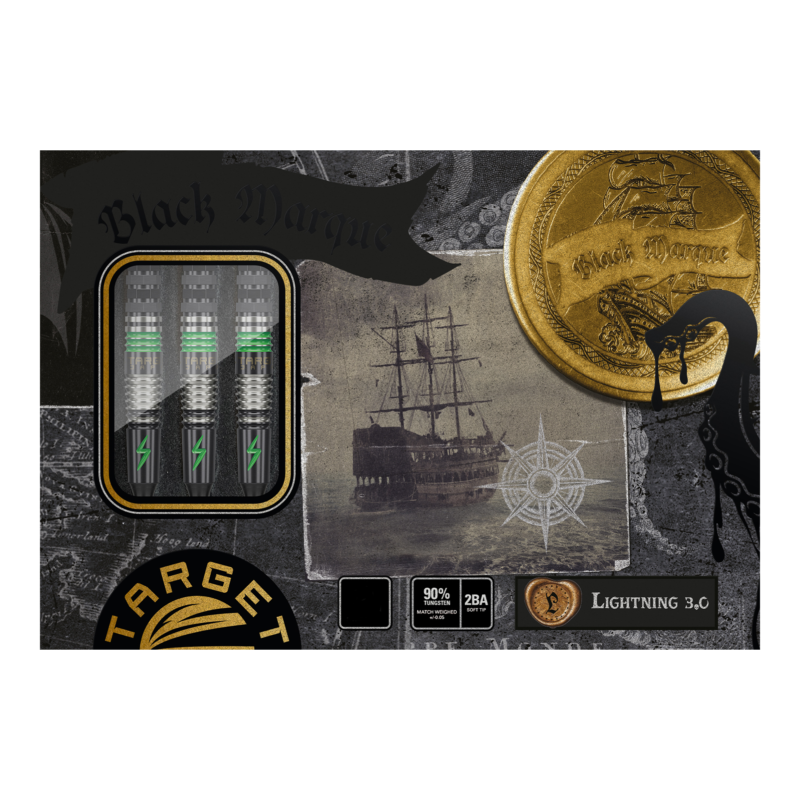 Das Bild zeigt die Verpackung der Target Japan Black Marque Lightning 3 Softdarts mit 19 Gramm Gewicht. Auf der Verpackung sind drei Dartpfeile, ein altes Schiff und ein goldener Münz-Aufdruck abgebildet.