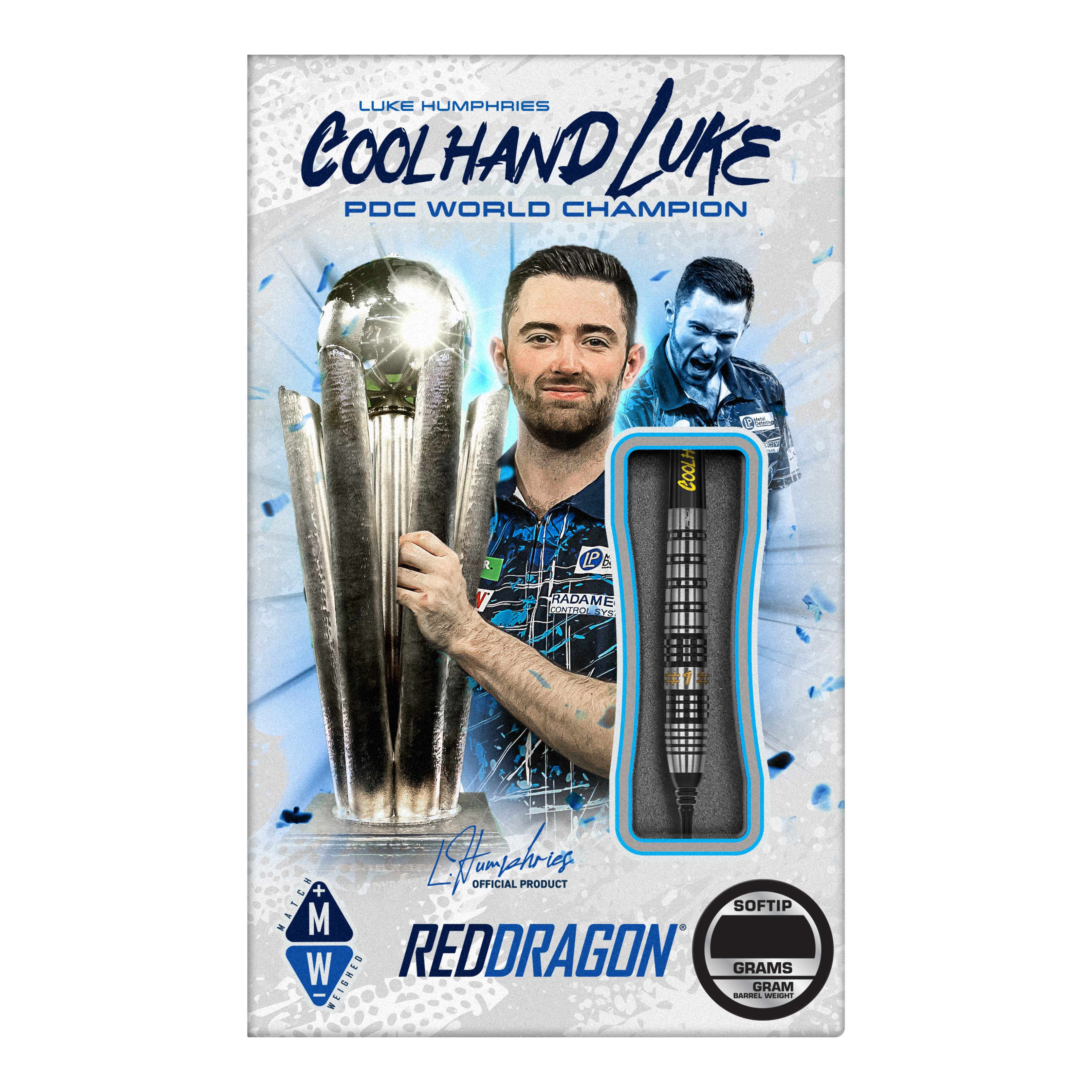 Red Dragon Luke Humphries Prestige Softdarts - 20g Das Bild zeigt die Verpackung der "Red Dragon Luke Humphries Prestige Softdarts - 20g". Auf der Verpackung ist ein Foto von Luke Humphries mit einem Pokal zu sehen, sowie ein einzelner Dartpfeil als Produktabbildung.
