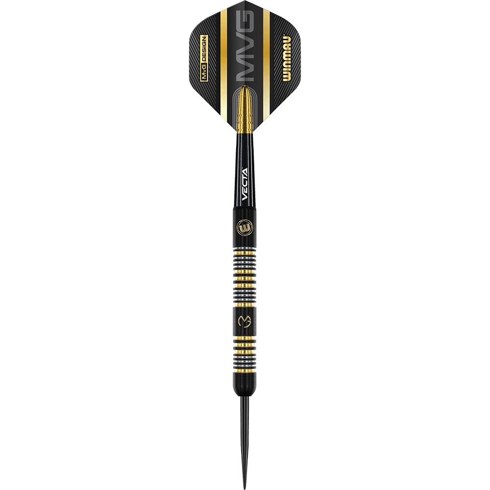 Dies ist ein schwarzer Steeldartpfeil mit goldenen und silbernen Akzenten. Auf dem Flight stehen die Buchstaben "MVG" und "Winmau".