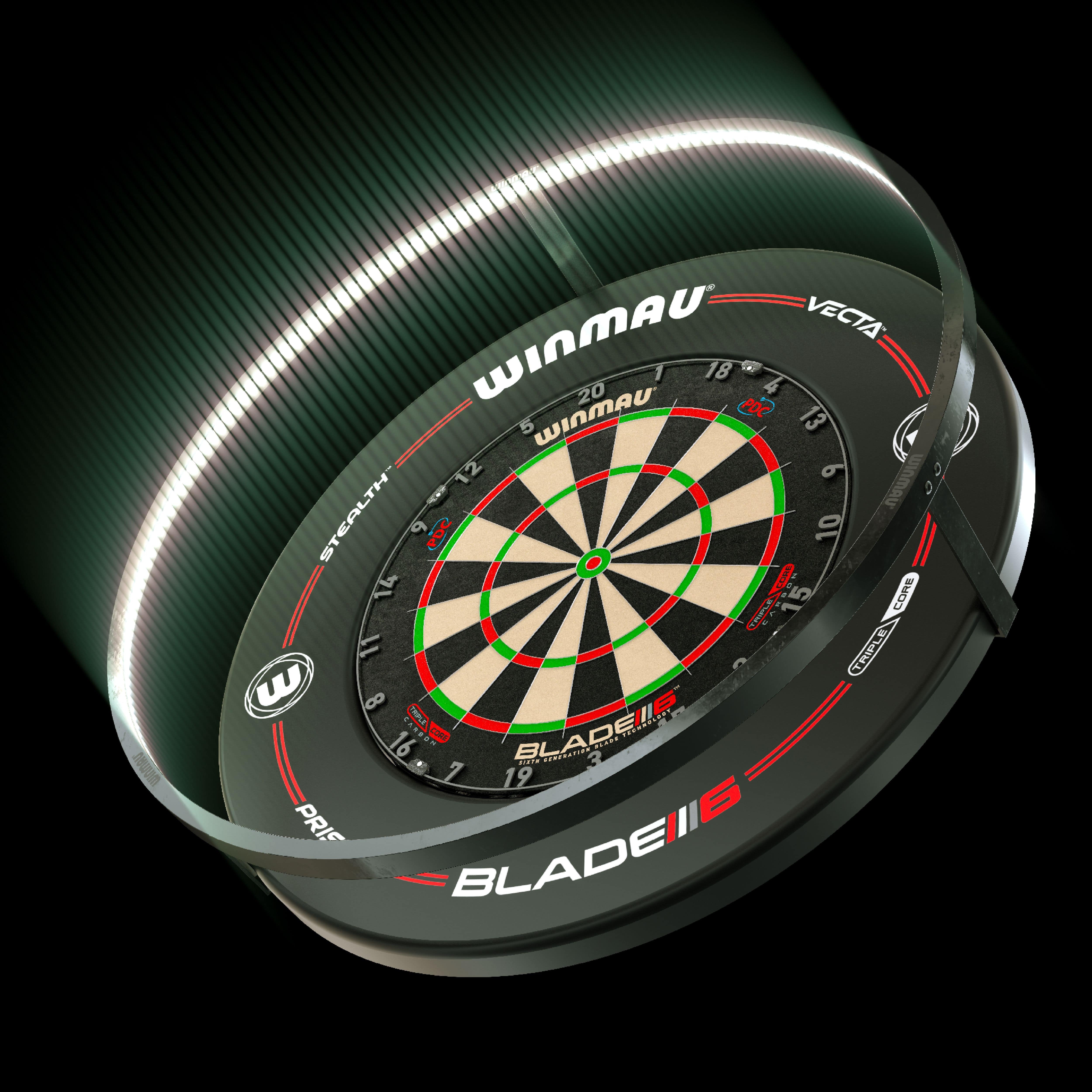BUNDLE Winmau Plasma LED Beleuchtung und Surround Das Bild zeigt das Winmau Plasma LED Beleuchtung und Surround Bundle mit einer beleuchteten Dartscheibe. Die LED-Leiste sorgt für optimale Ausleuchtung und ein modernes Design.