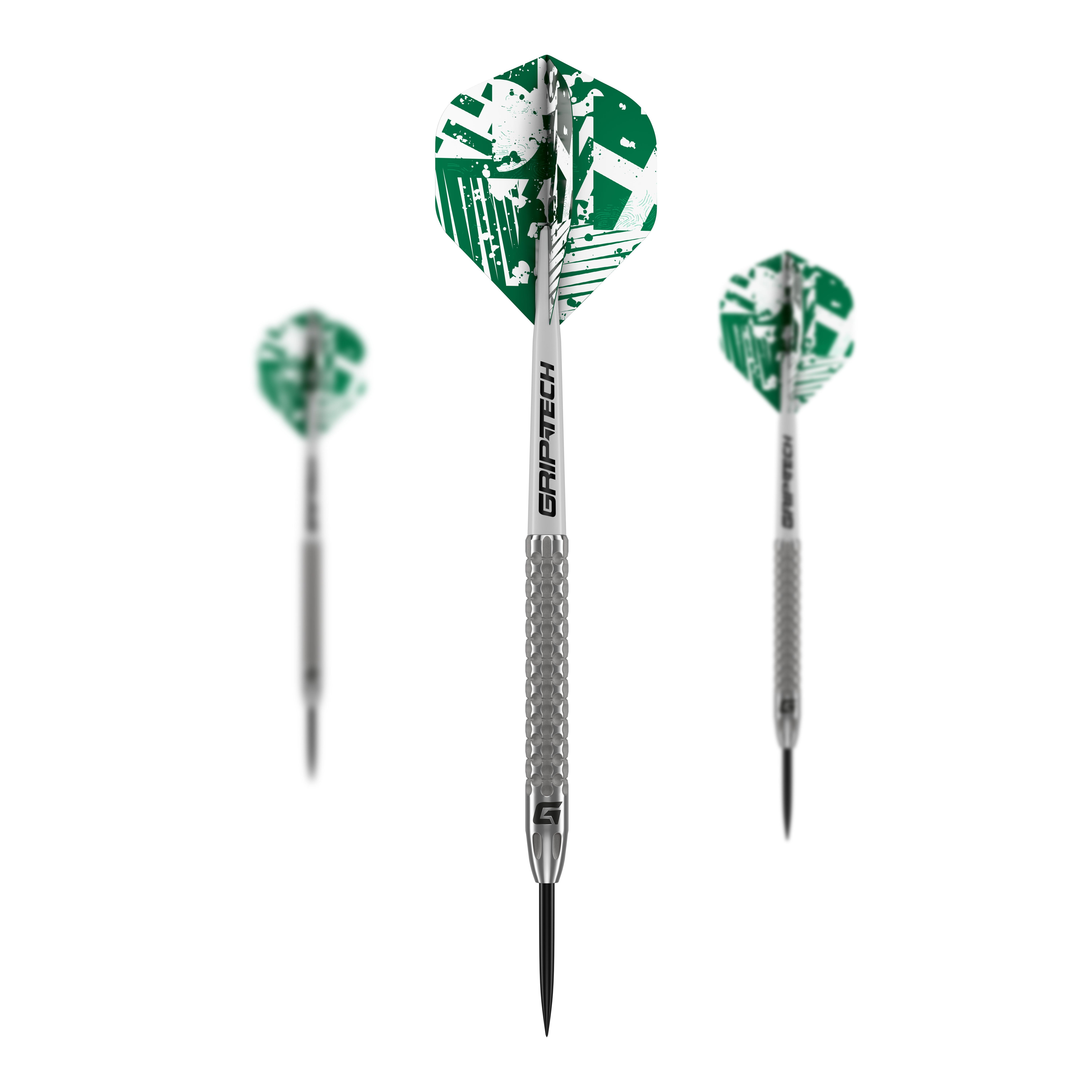 GOAT Fairway V2 Tungsten Steeldarts Das Bild zeigt drei GOAT Fairway V2 Tungsten Steeldarts mit silbernen Schäften und grünen Flights. Auf den Schäften steht "GRIPTECH" und die Darts haben eine strukturierte Griffzone.