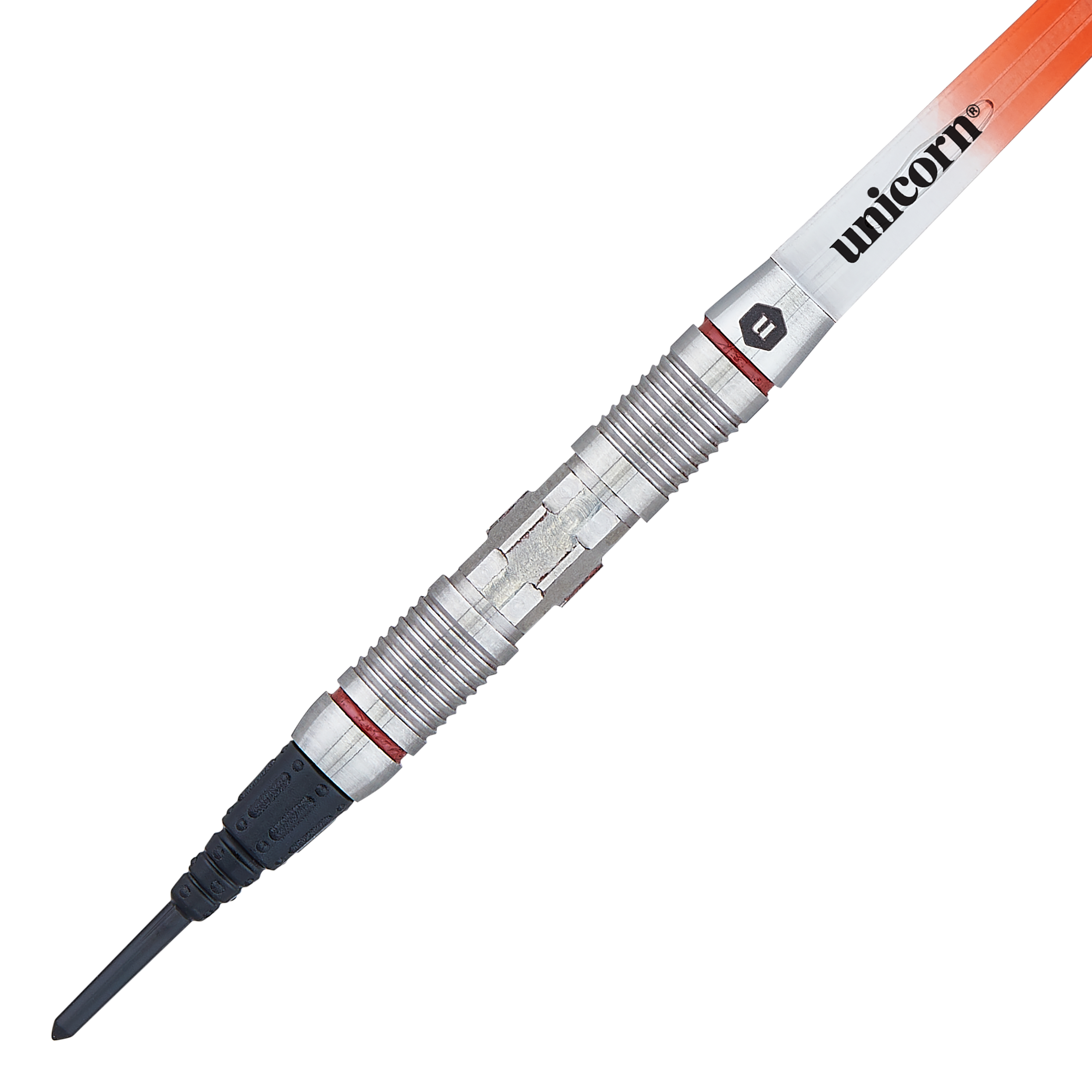 Das Bild zeigt einen Softdart namens "Unicorn Ballista Style 2". Der Dart hat einen silbernen, geriffelten Schaft und eine orangefarbene Flight mit der Aufschrift "unicorn".