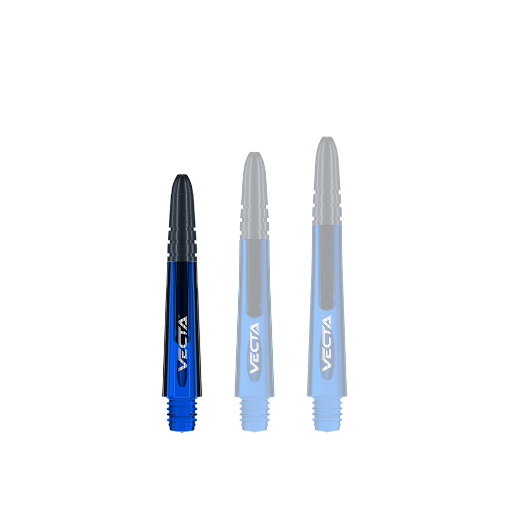 7025-105_Winmau_Vecta_Shafts_Blau_34mm_1lL9ivqrN3Tgwc Das Bild zeigt drei blaue Winmau Vecta Shafts in verschiedenen Längen. Sie haben eine glänzende Oberfläche und sind mit dem Schriftzug "VECTA" versehen.