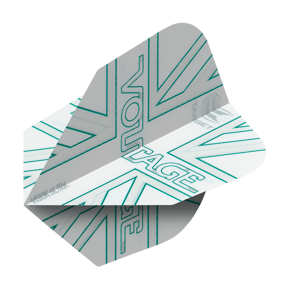 Das Bild zeigt einen Target VisionUltra Rob Cross Voltage No6 Dartflug. Der Flug ist in den Farben Weiß und Grau gestaltet und trägt das Wort „VOLTAGE“ mit türkisfarbenen Linien.