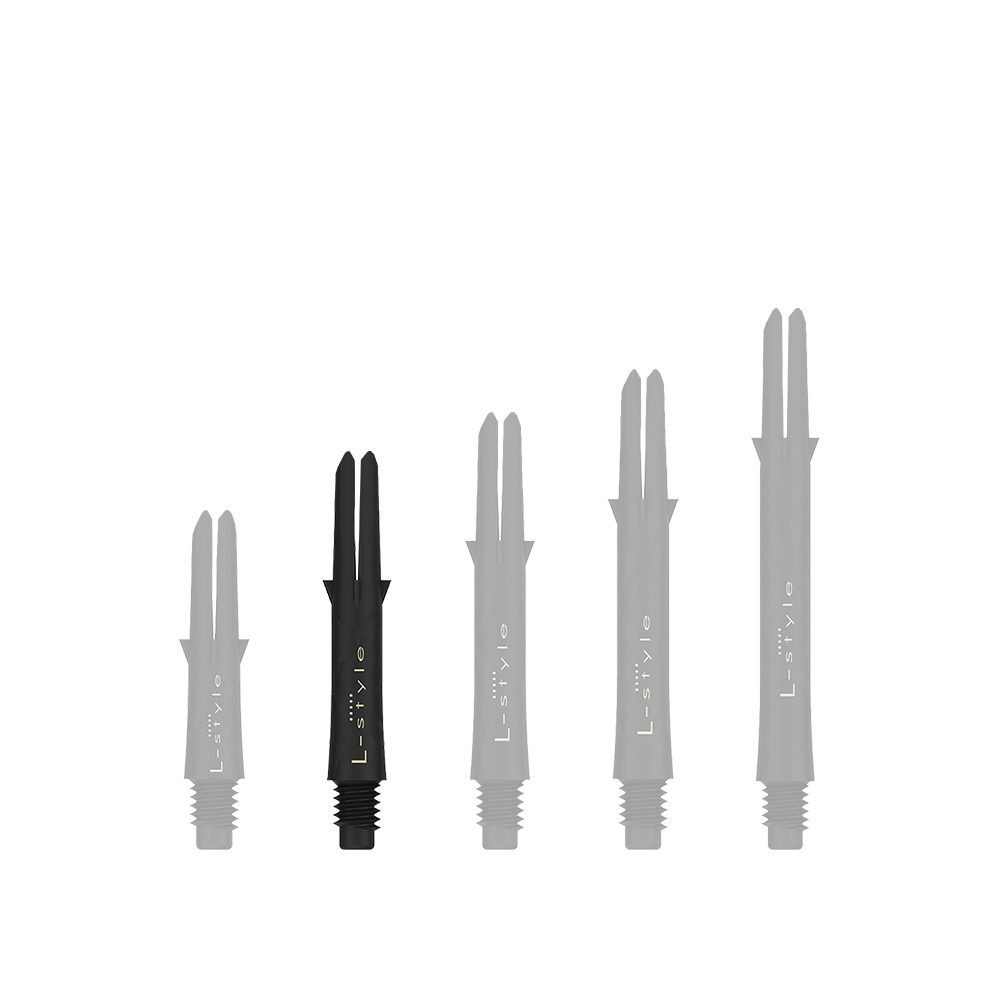 Auf dem Bild sind fünf schwarze L-Style Carbon Shafts für Darts in verschiedenen Längen zu sehen. Sie stehen nebeneinander, ohne Kappen, auf einem hellen Hintergrund.