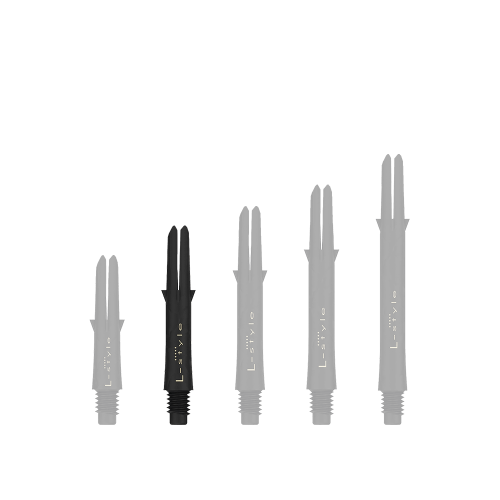 L-Style Carbon Shafts 190 Auf dem Bild sind fünf schwarze L-Style Carbon Shafts für Darts in verschiedenen Längen zu sehen. Sie stehen nebeneinander, ohne Kappen, auf einem hellen Hintergrund.