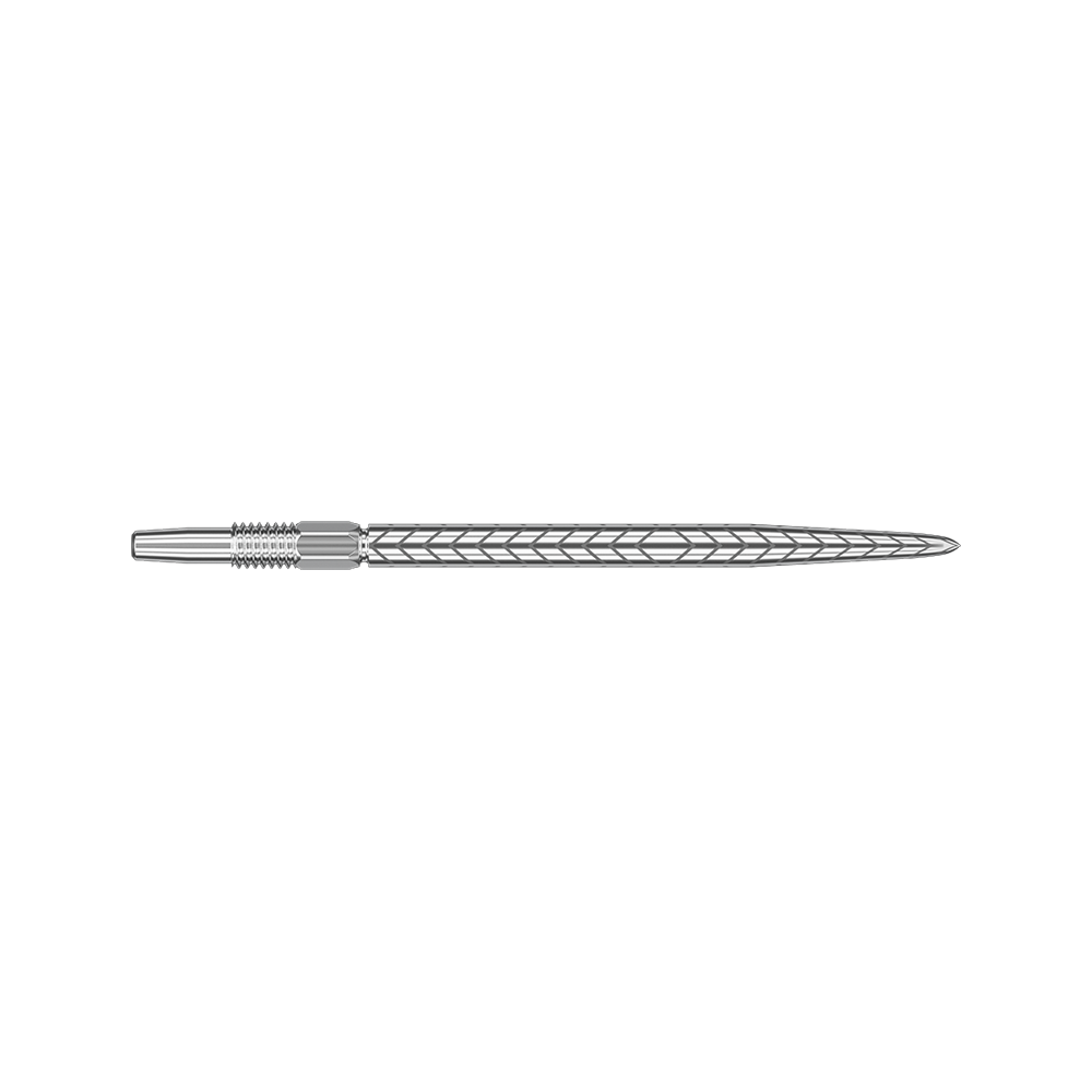 Target Swiss Point RVE Dartspitzen - Silber Dies ist eine silberne Dartspitze mit einem rautenförmigen Muster. Sie ist lang und schmal und misst 35 mm.