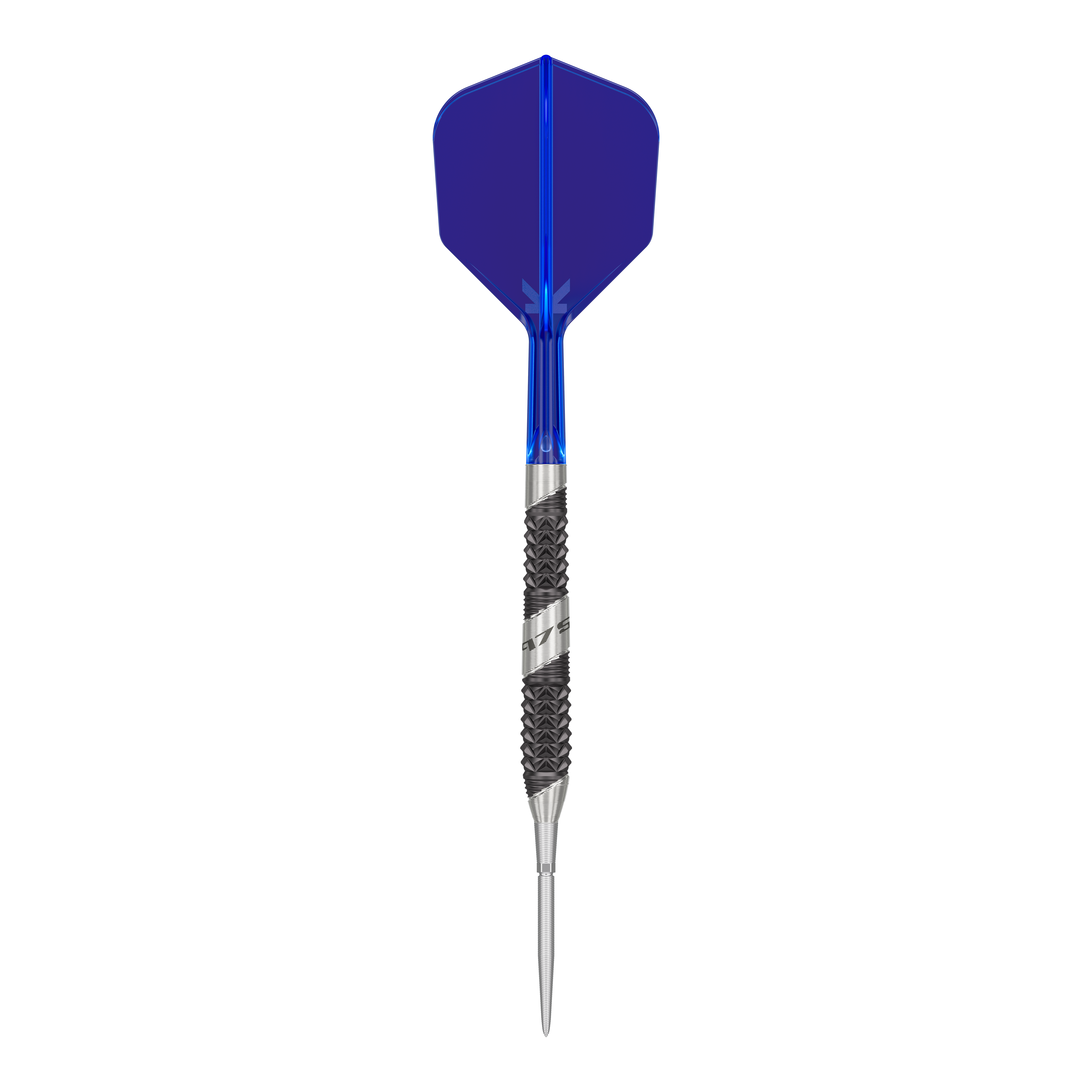 Das Bild zeigt einen Pfeil mit einer blauen Flights und einer silber-schwarzen Metallspitze. Der Pfeil hat ein modernes und sportliches Design.