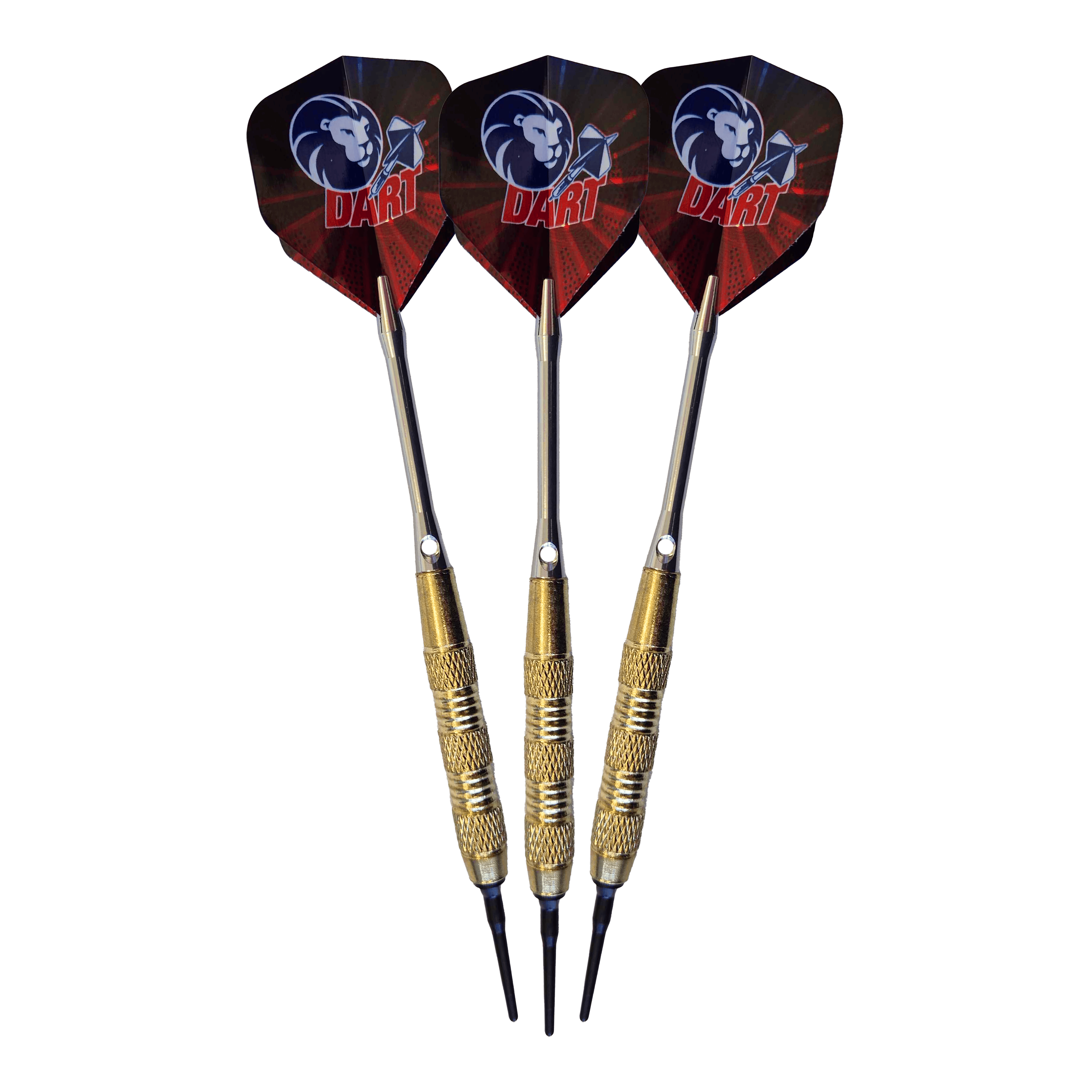 99 Löwen Soft-Tip Darts - 18g Das Bild zeigt drei 99 Löwen Soft-Tip Darts mit einem Gewicht von 18g. Die Flights sind schwarz-rot und mit einem Löwenkopf-Motiv sowie dem Schriftzug "DART" bedruckt.