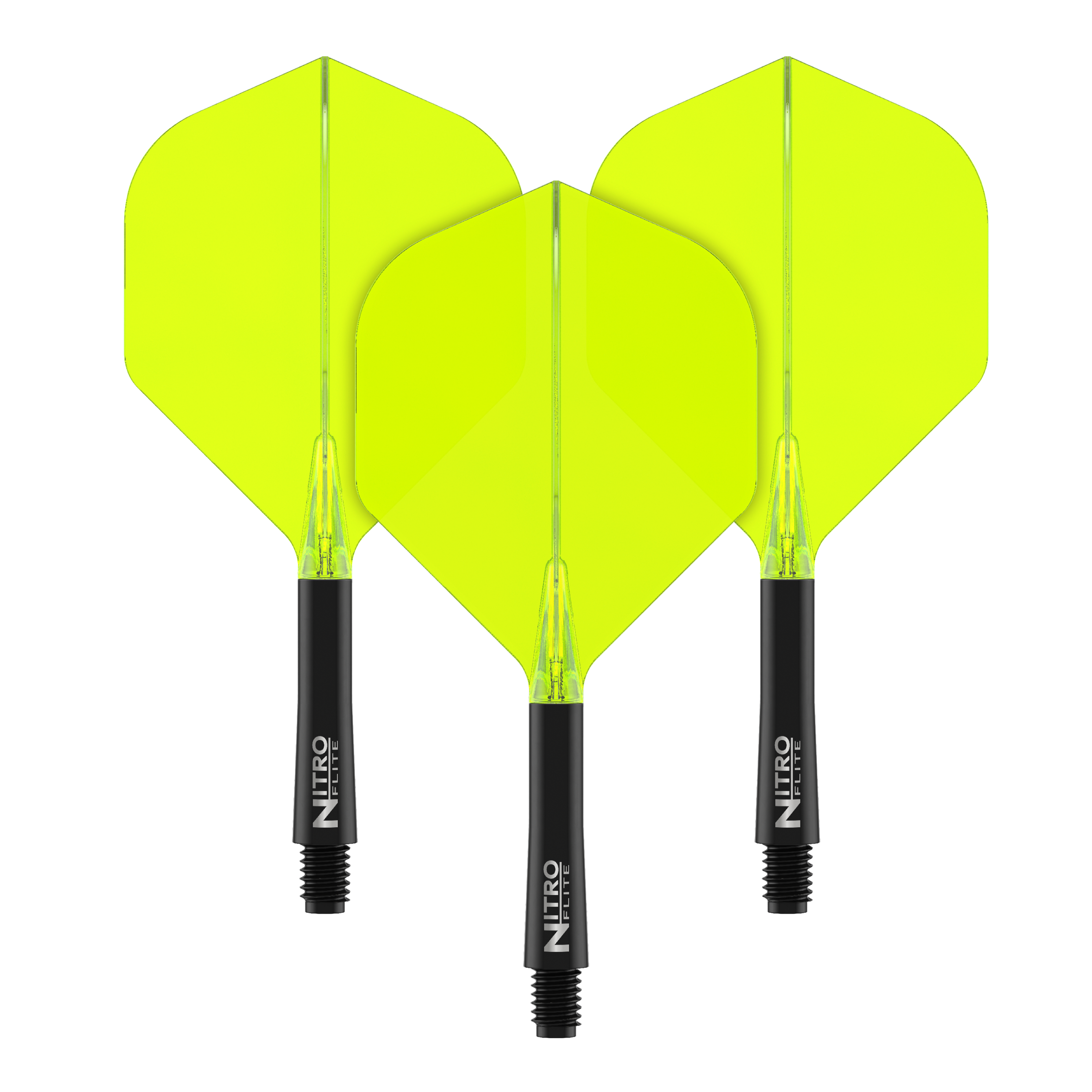 Auf dem Bild sind drei gelbe Dart-Flights mit schwarzen Schäften zu sehen. Die Flights sind in einer Reihe nebeneinander angeordnet.