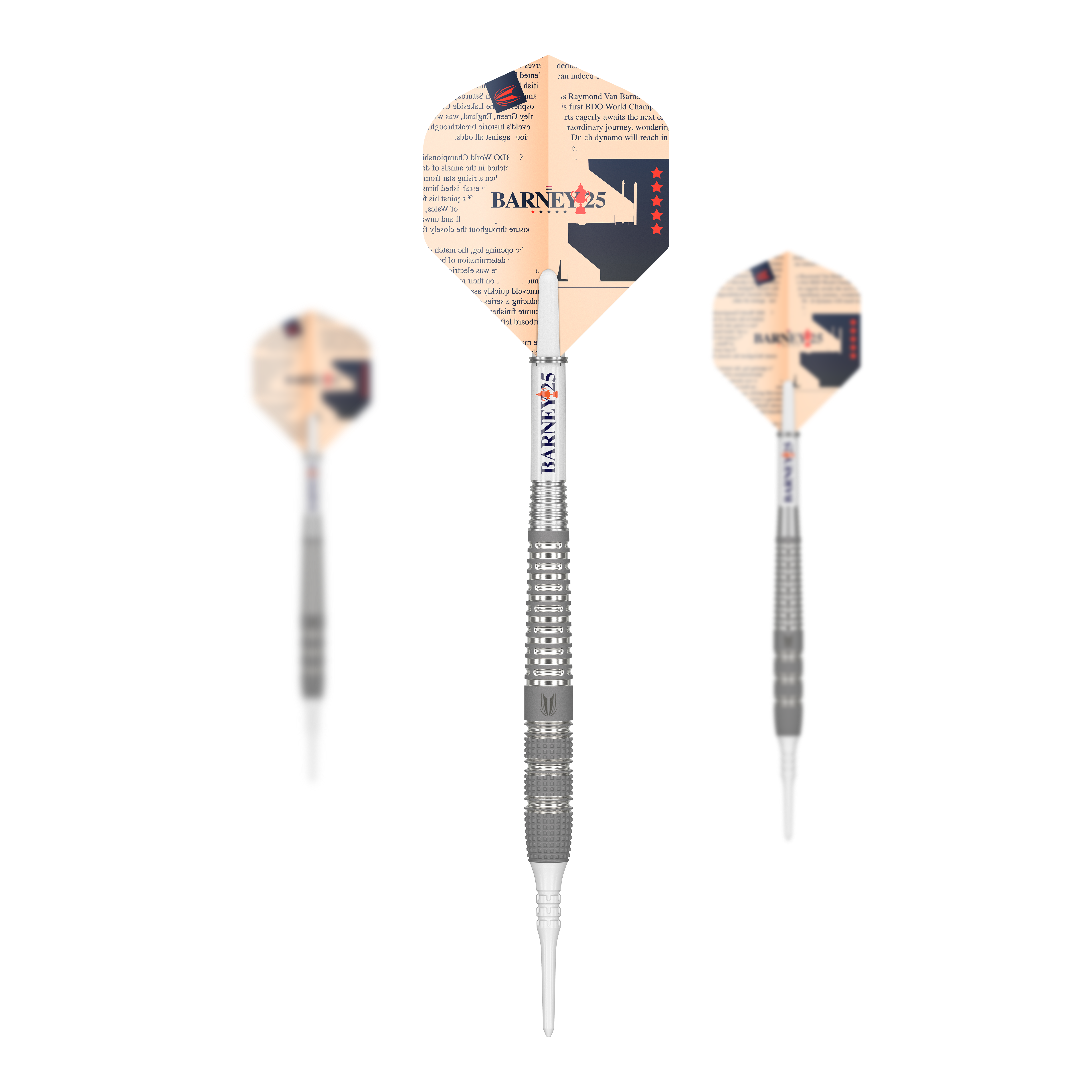 Das Bild zeigt drei Softdarts der Marke „Target Raymond Van Barneveld Barney25“. Die Darts haben silberne Schäfte und auffällige Flights mit einem besonderen Design und dem Schriftzug „BARNEY25“.