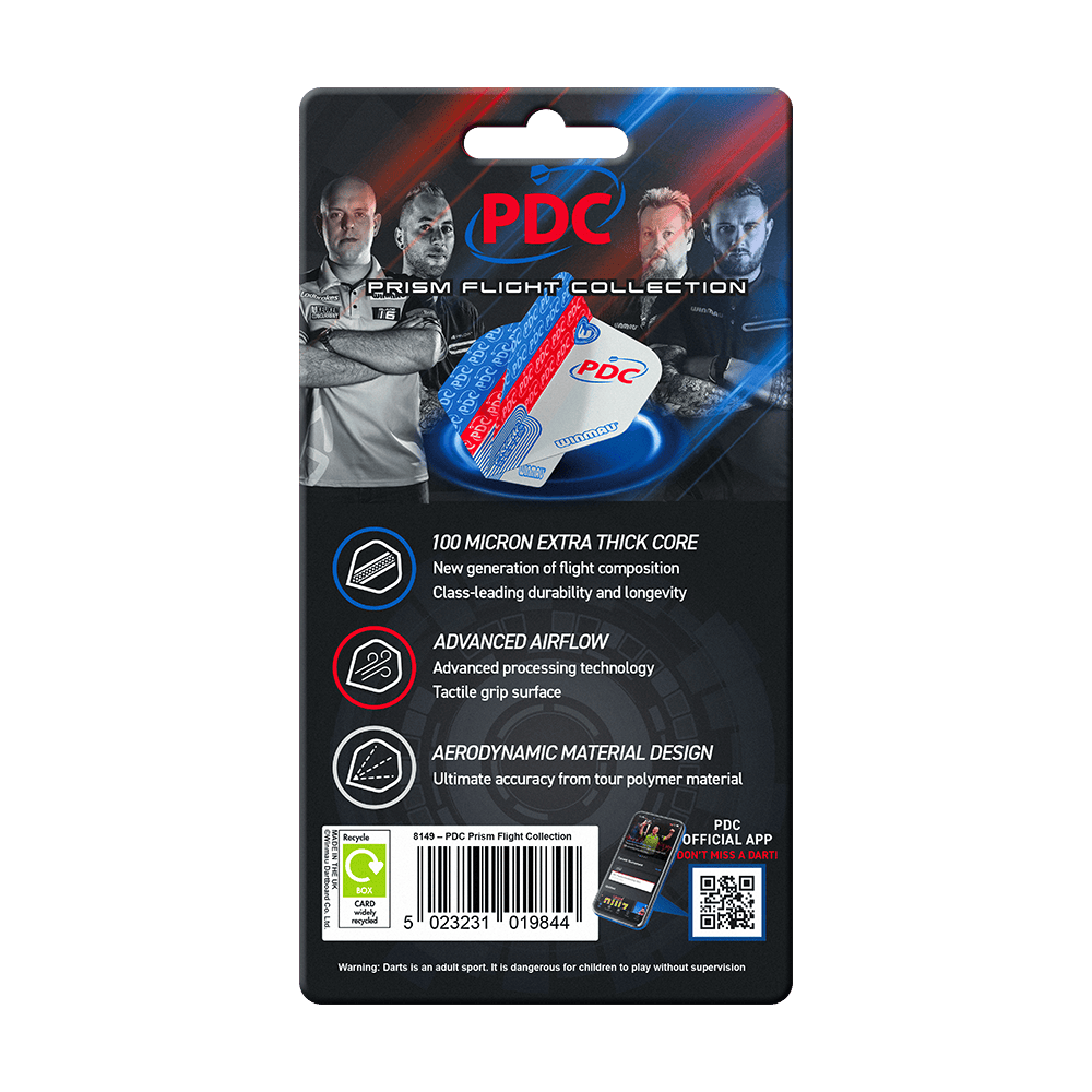 Winmau PDC Prism Flight Collection Das Bild zeigt die Verpackung der "Winmau PDC Prism Flight Collection" für Dartflights. Auf der Verpackung sind Produktmerkmale und Bilder von Dartspielern abgebildet.